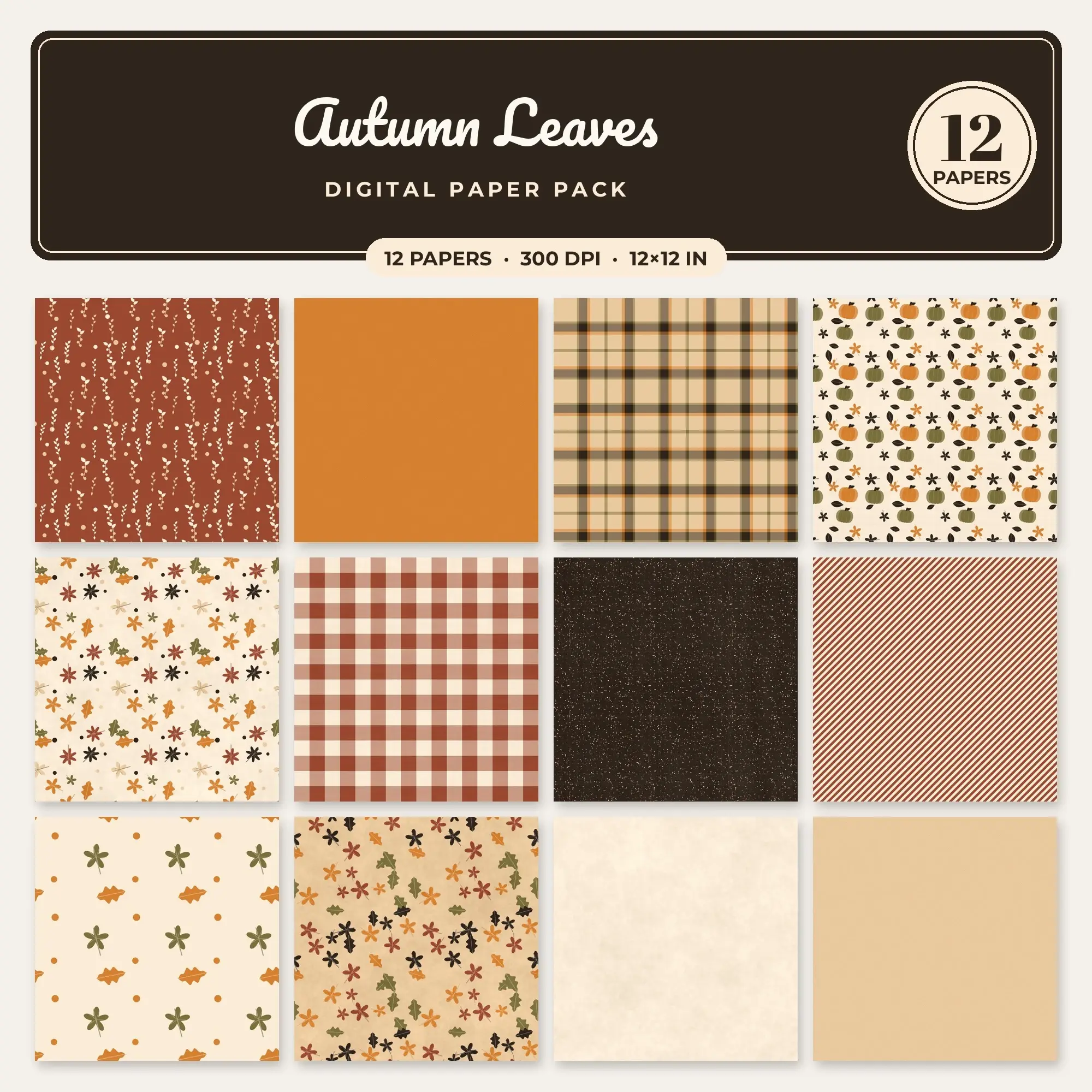 Pumpkin & Rust Autumn Leaves Seamless Digital Paper – 12 Papers, 12x12 JPG, preview 1 of 2