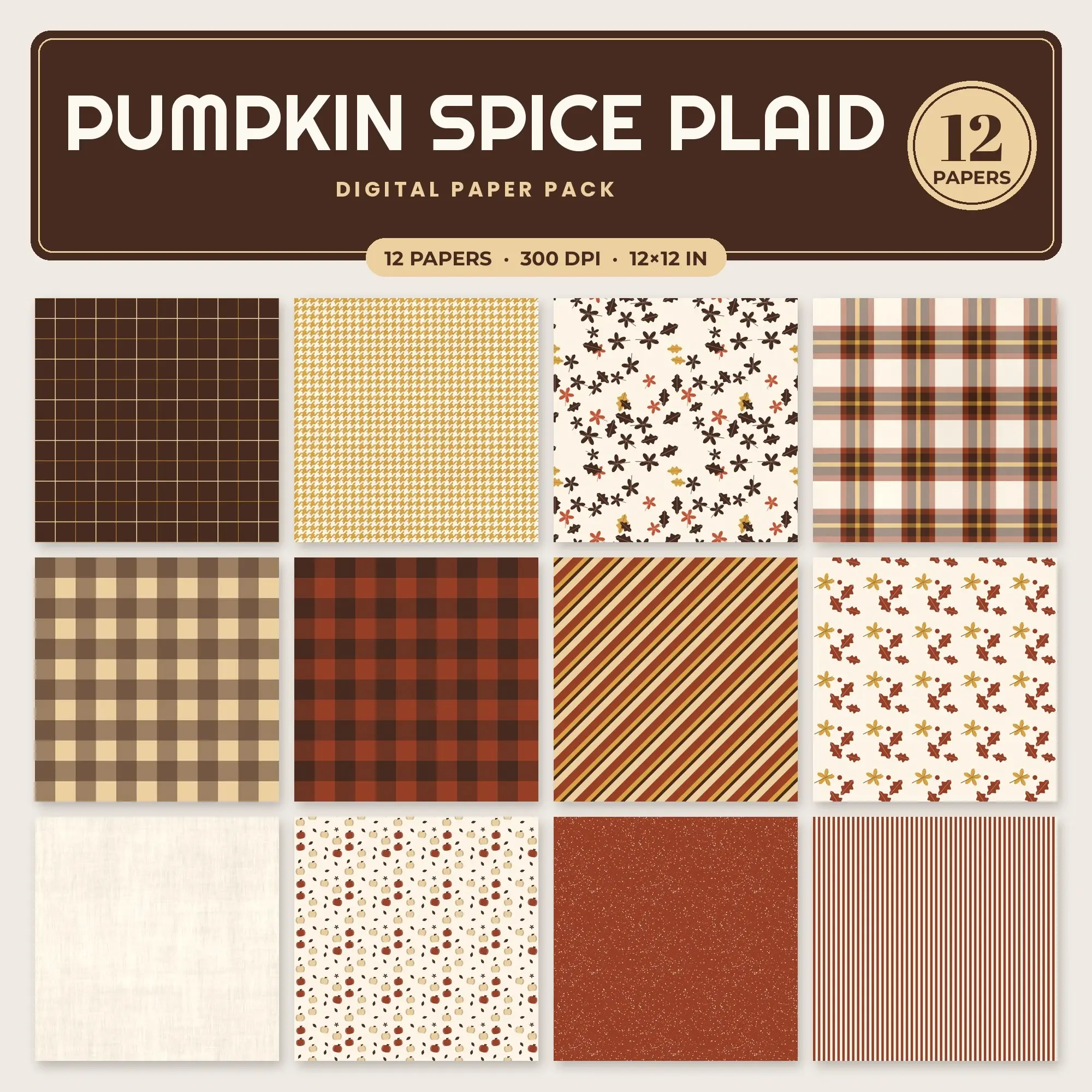Honey Pumpkin Spice Plaid Seamless Digital Paper Pack, 12 Papers 12x12 preview