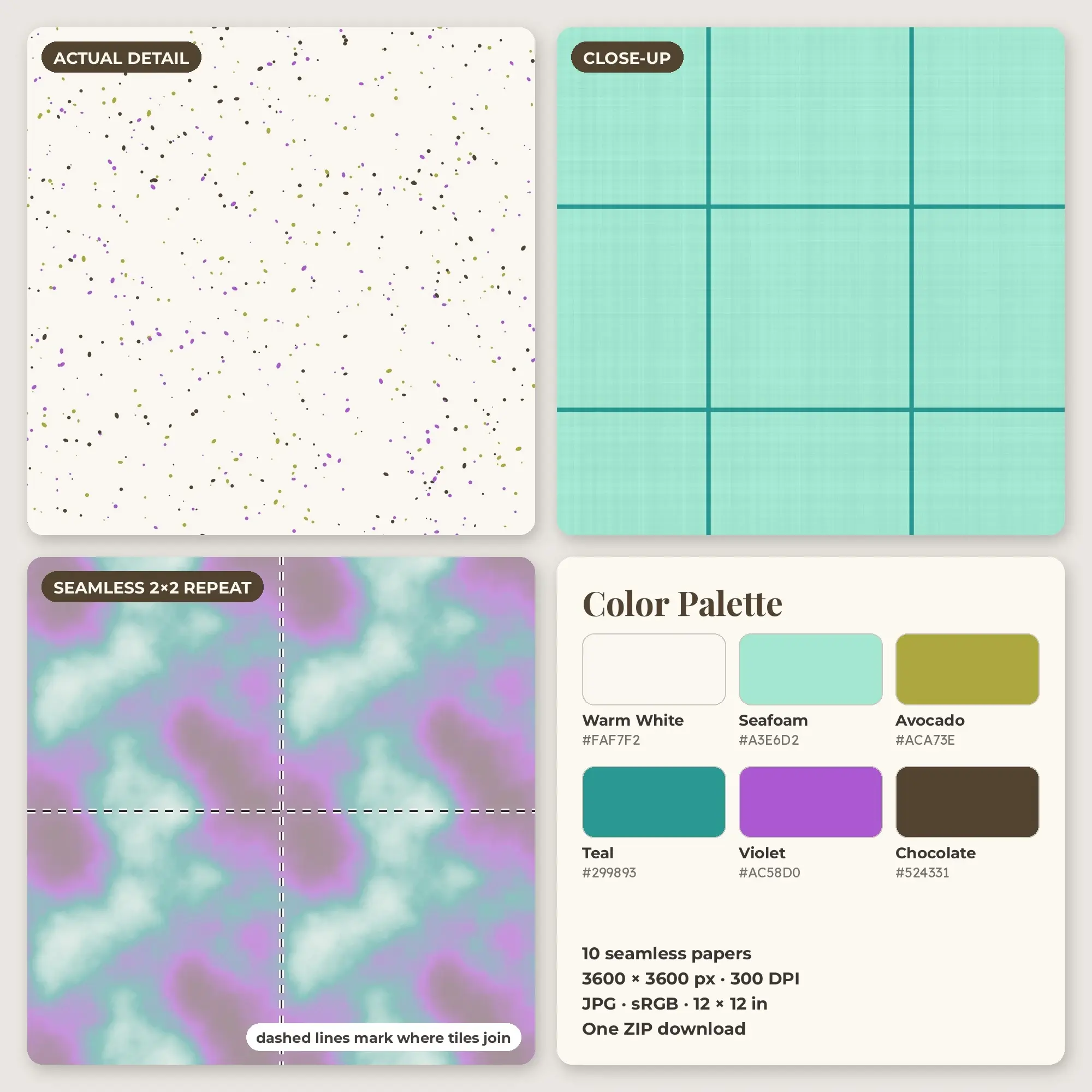Textured Solid Paper Mix Digital Paper – 10 Seamless Violet & Teal Patterns, preview 2 of 2