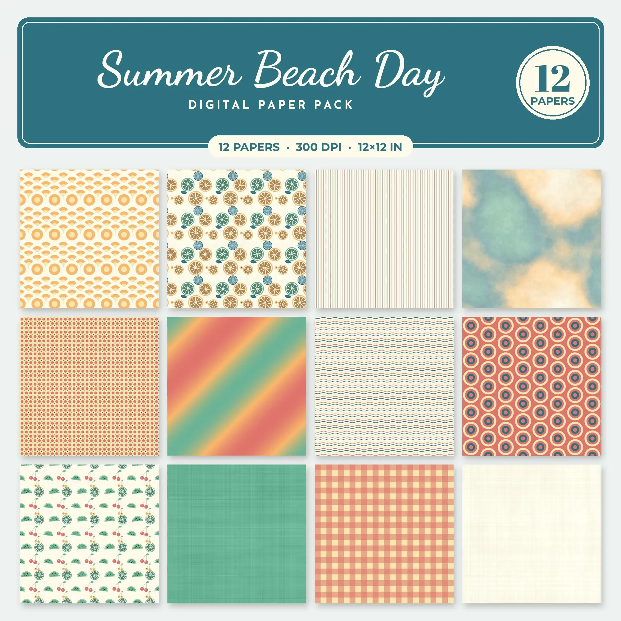 Summer Beach Day Digital Paper – 12 Seamless Apricot & Coral Patterns preview