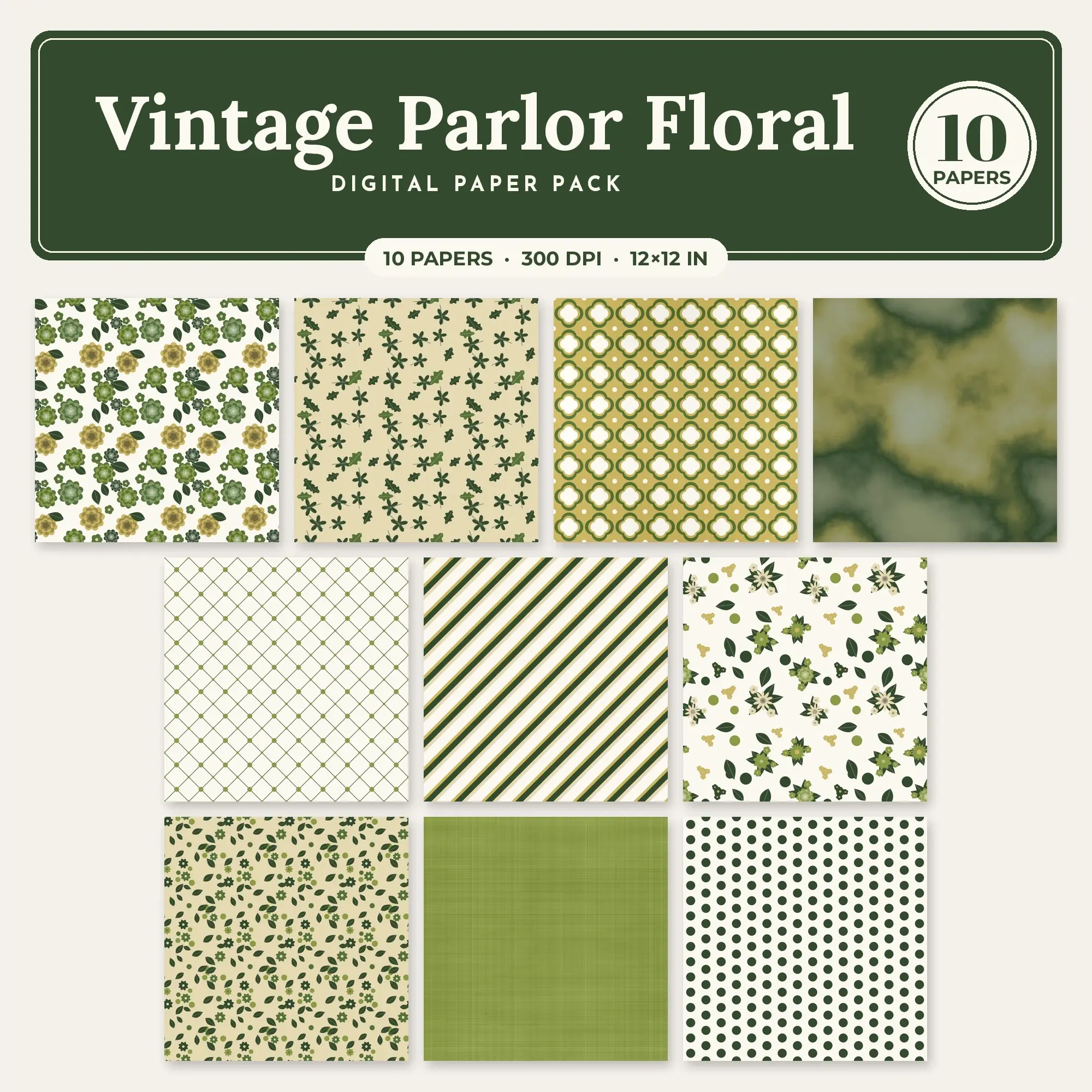 Gold & Avocado Vintage Parlor Floral Seamless Digital Paper – 10 Papers, 12x12 JPG preview