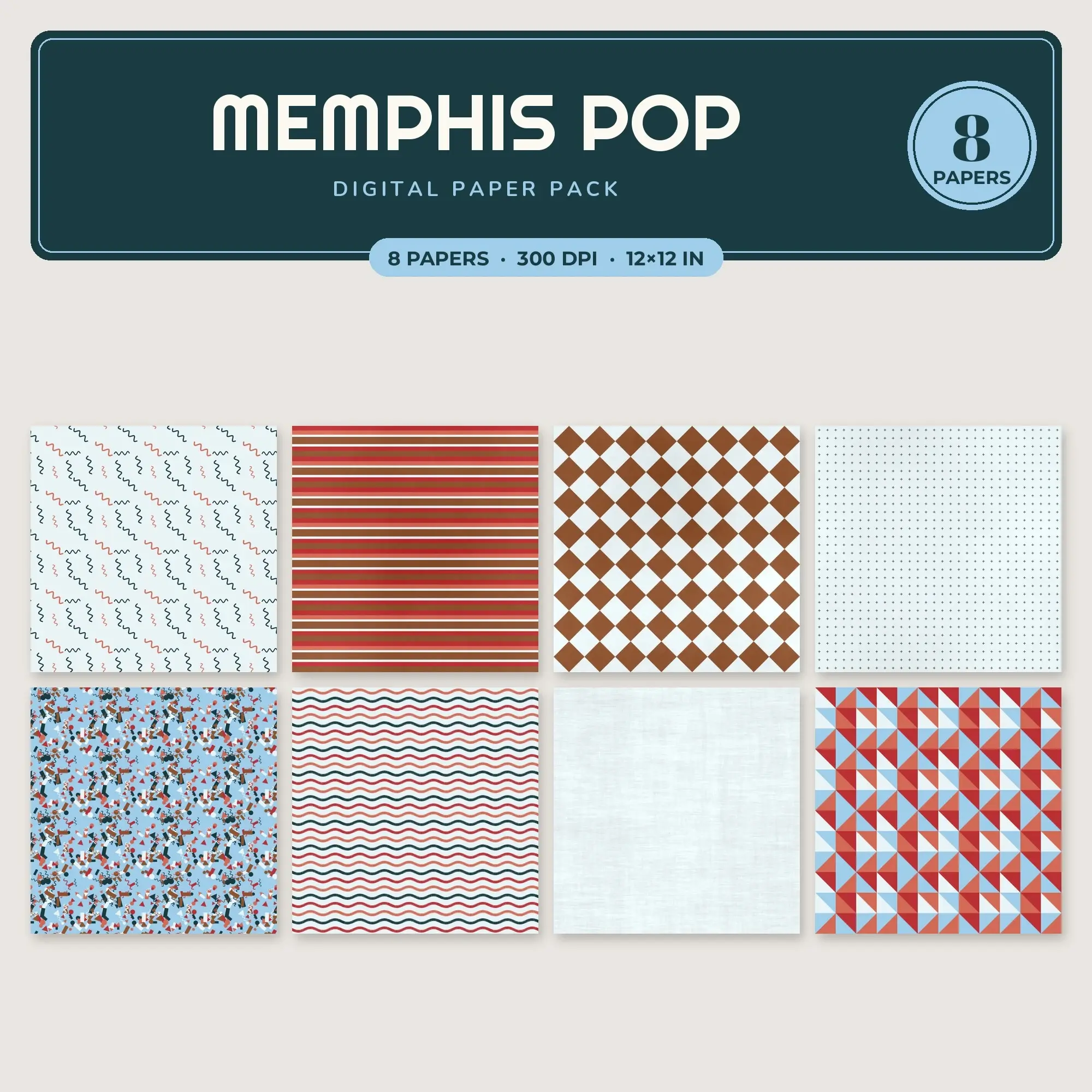 Terracotta & Cherry Red Memphis Pop Digital Paper Pack – 8 Seamless Patterns preview
