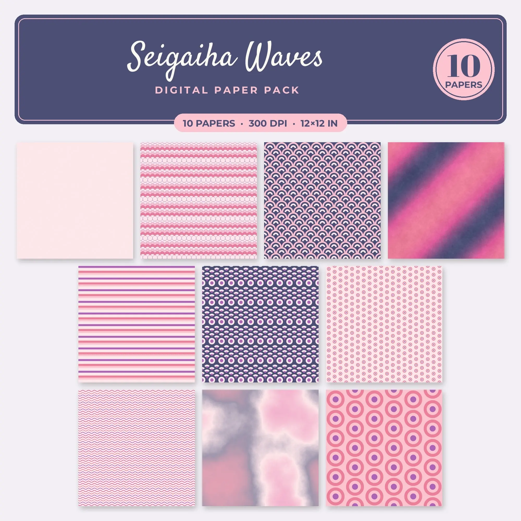 Seigaiha Waves Digital Paper – 10 Seamless Hot Pink & Rose Patterns, preview 1 of 2