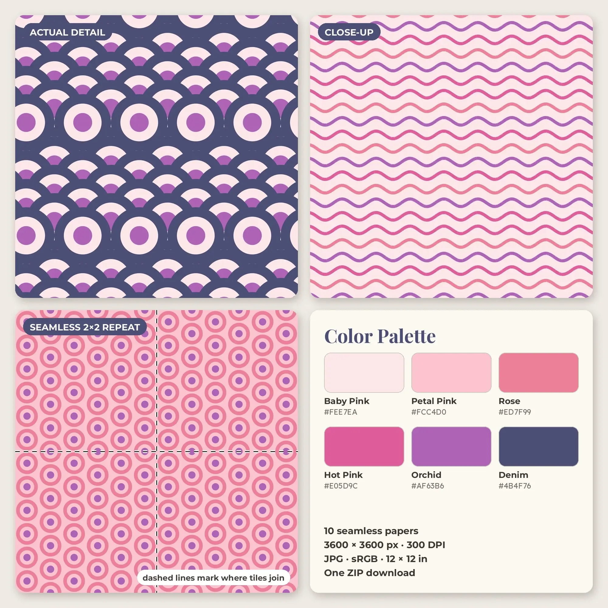 Seigaiha Waves Digital Paper – 10 Seamless Hot Pink & Rose Patterns, preview 2 of 2