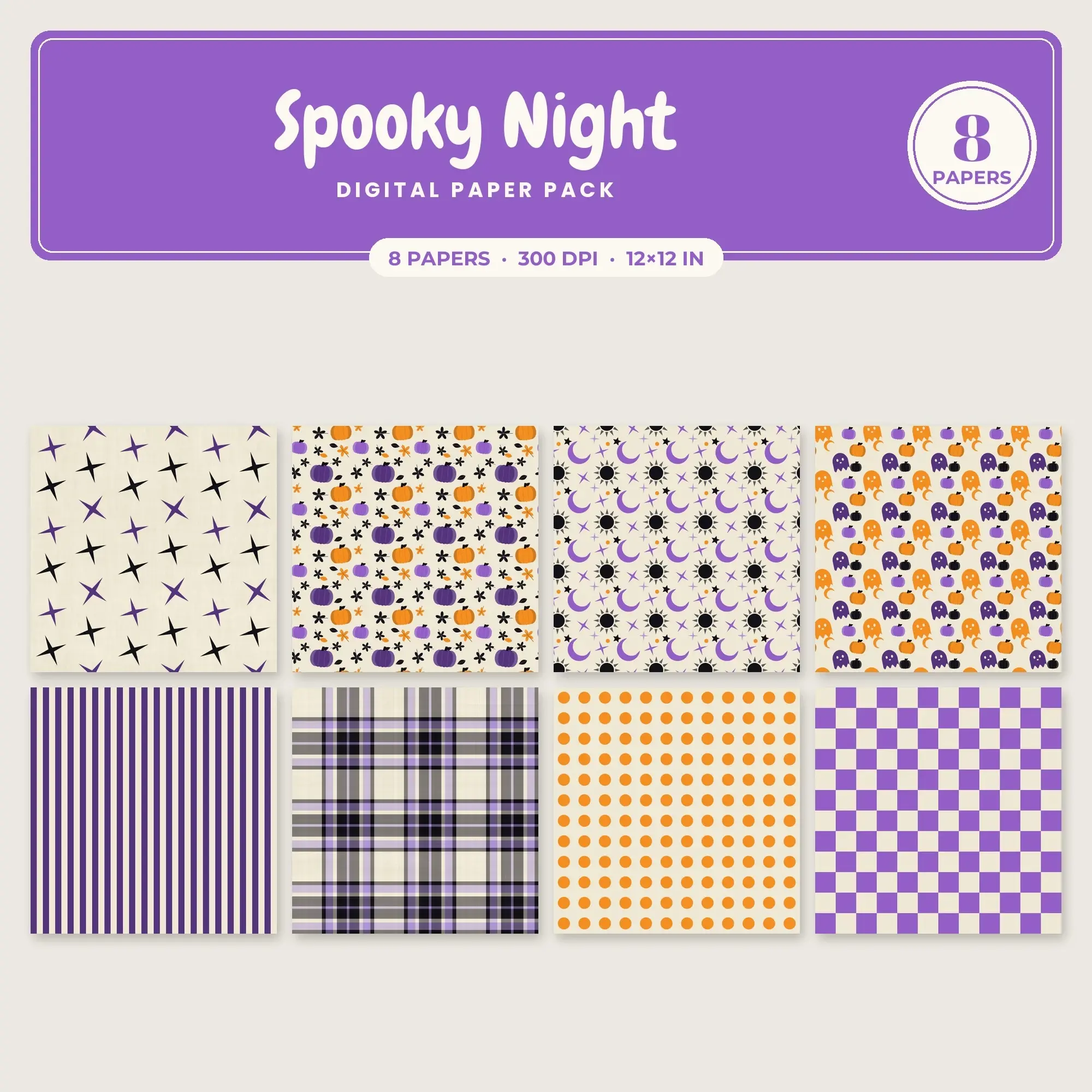 Spooky Night Seamless Pattern Papers in Tangerine and Violet – 8 Pack preview