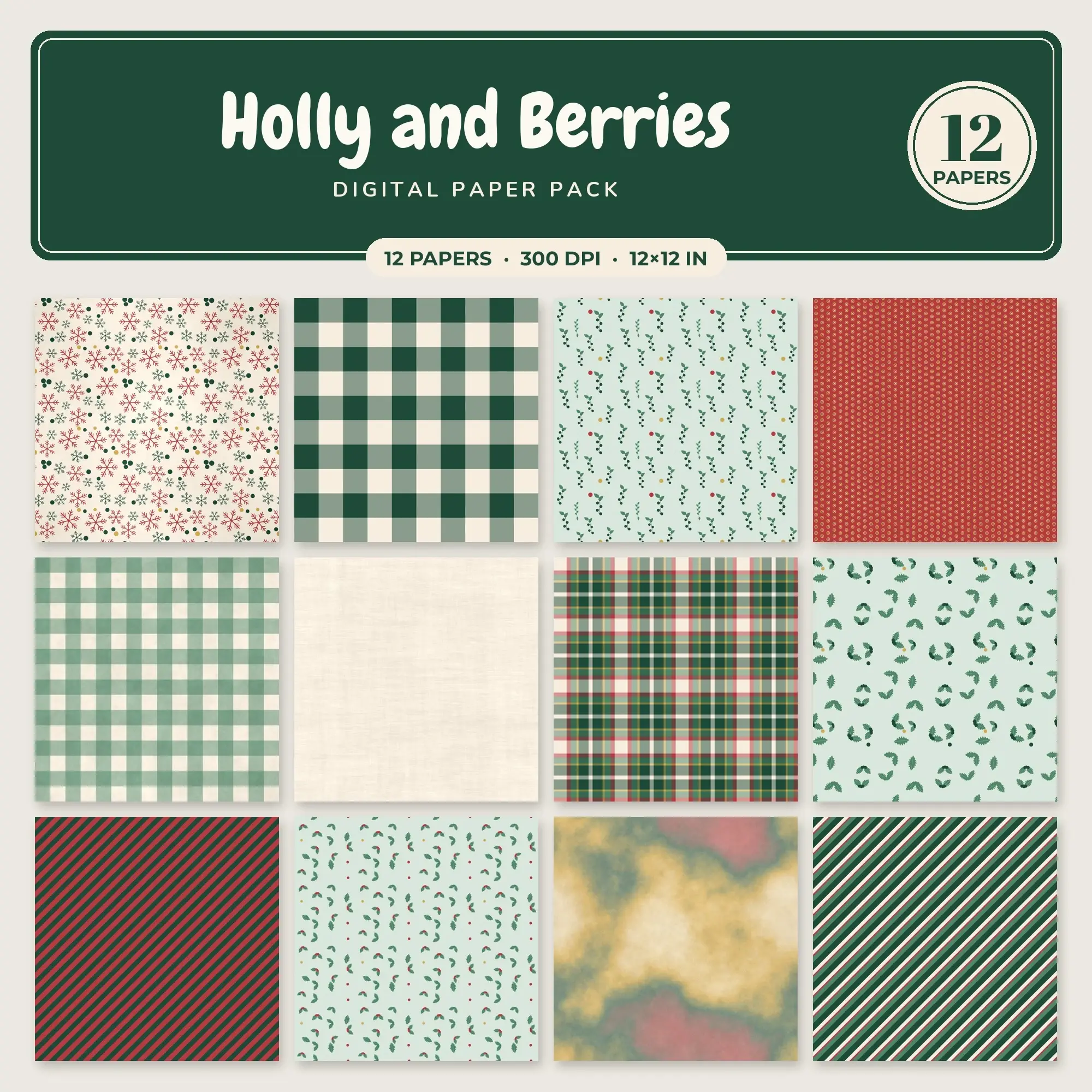 Gold & Brick Red Holly and Berries Digital Paper Pack – 12 Seamless Patterns preview