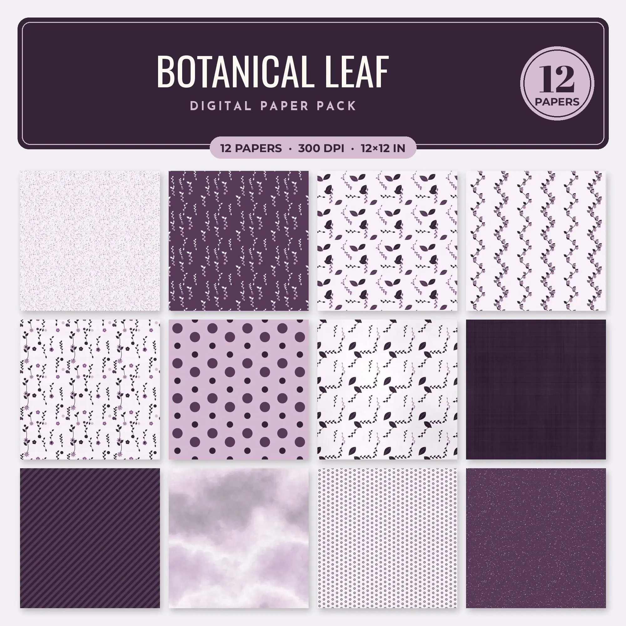 Botanical Leaf Seamless Pattern Papers in Amethyst and Heather – 12 Pack preview