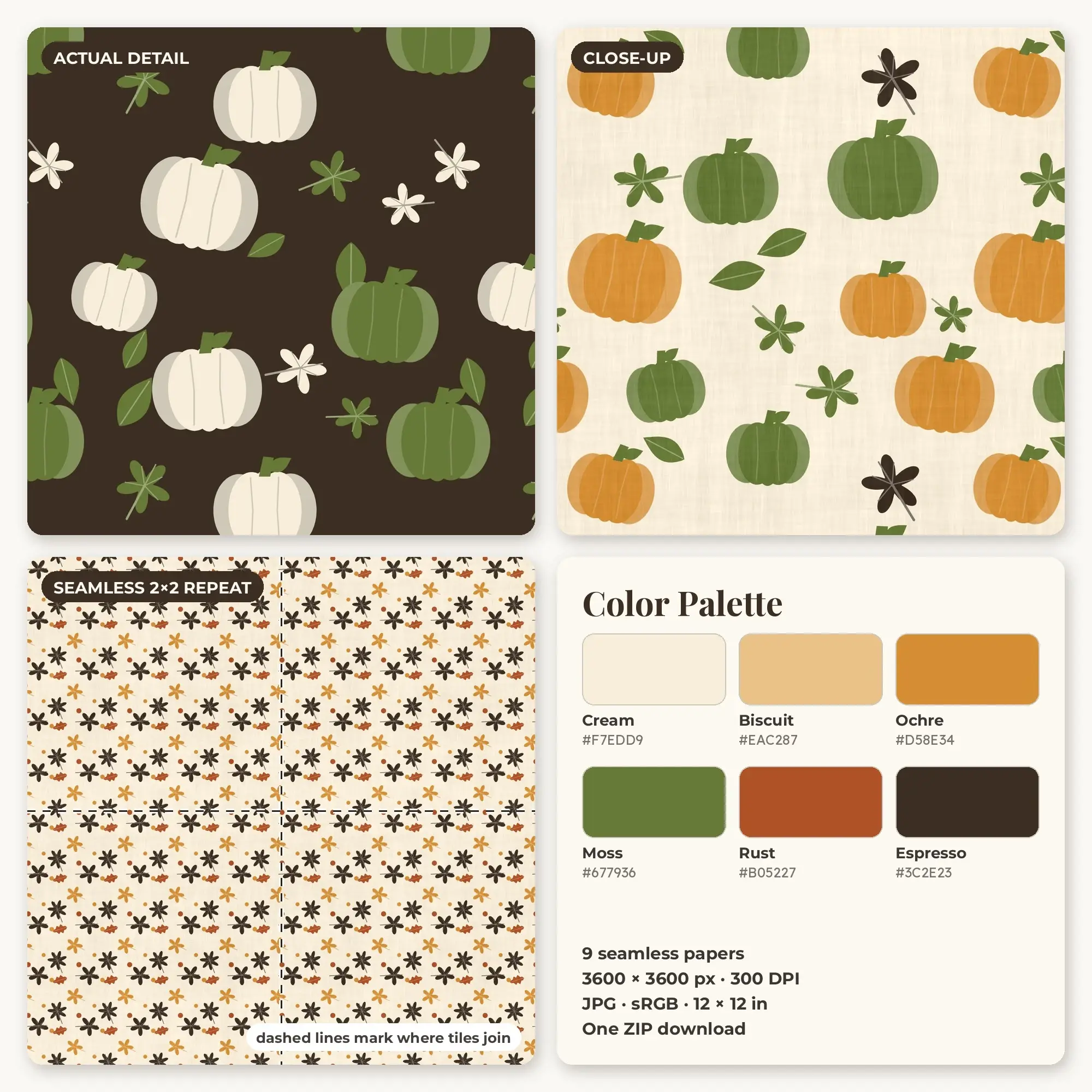 Harvest Pumpkin Seamless Pattern Papers in Ochre and Rust – 9 Pack, preview 2 of 2