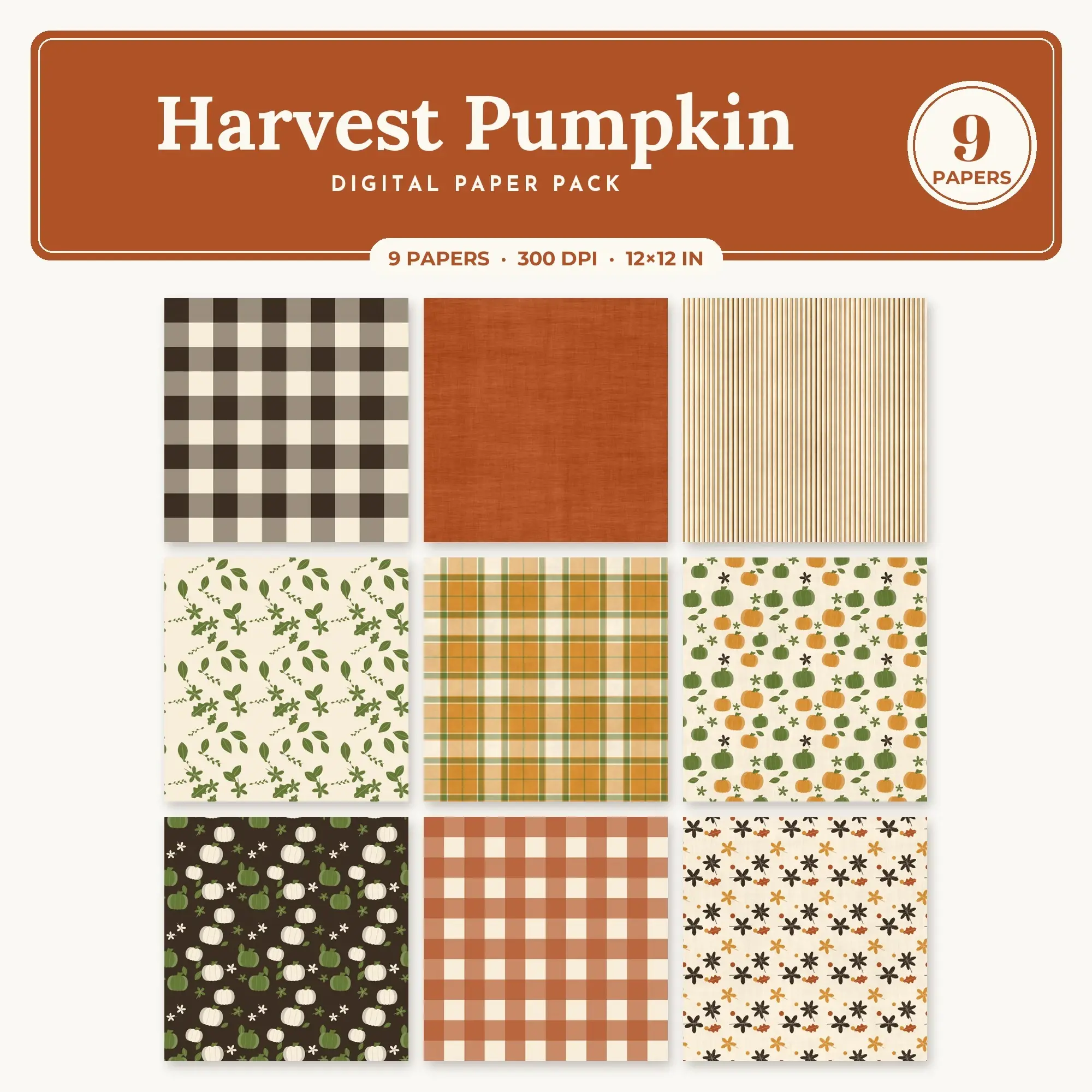 Harvest Pumpkin Seamless Pattern Papers in Ochre and Rust – 9 Pack preview