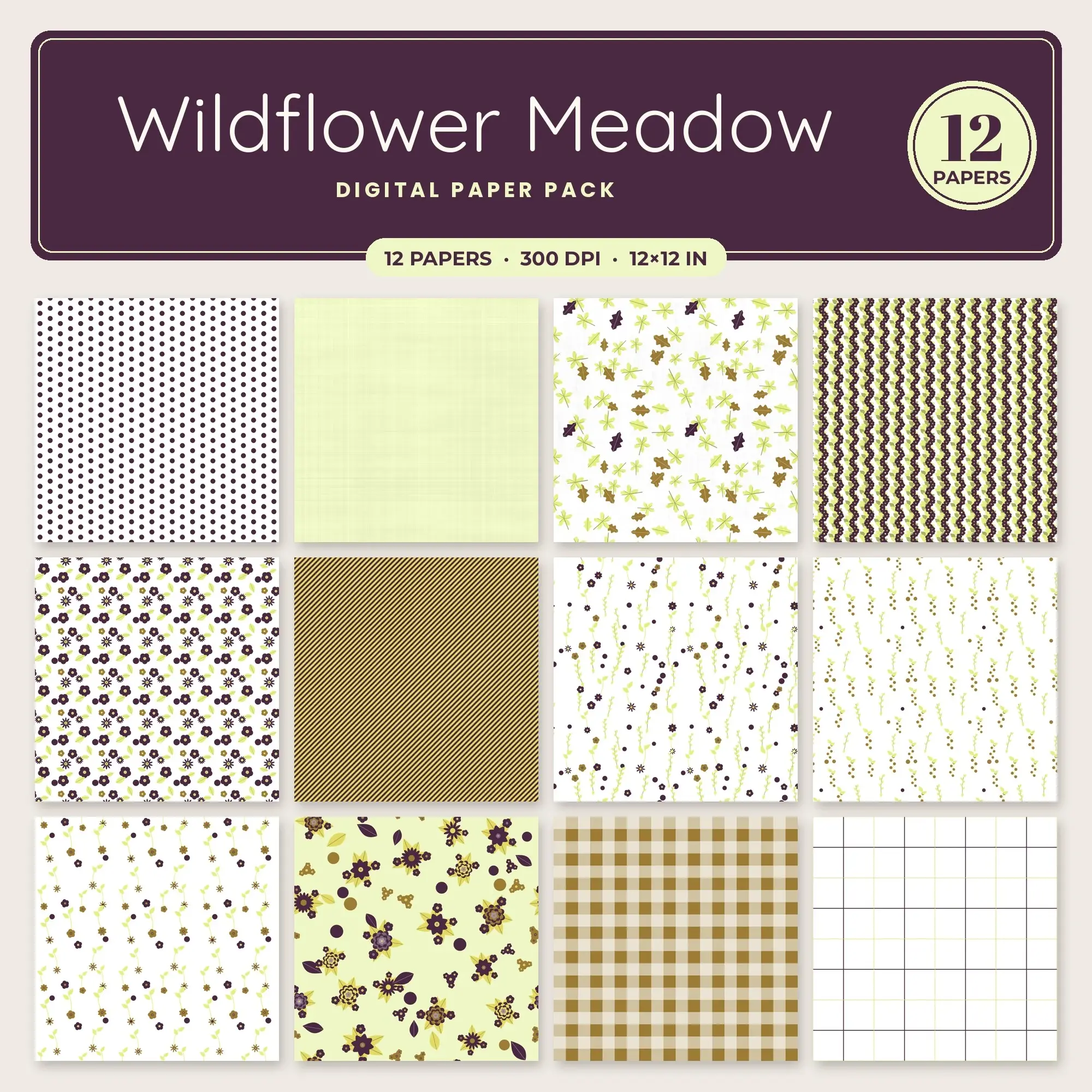 Wildflower Meadow Digital Paper – 12 Seamless Lemon & Butter Yellow Patterns preview