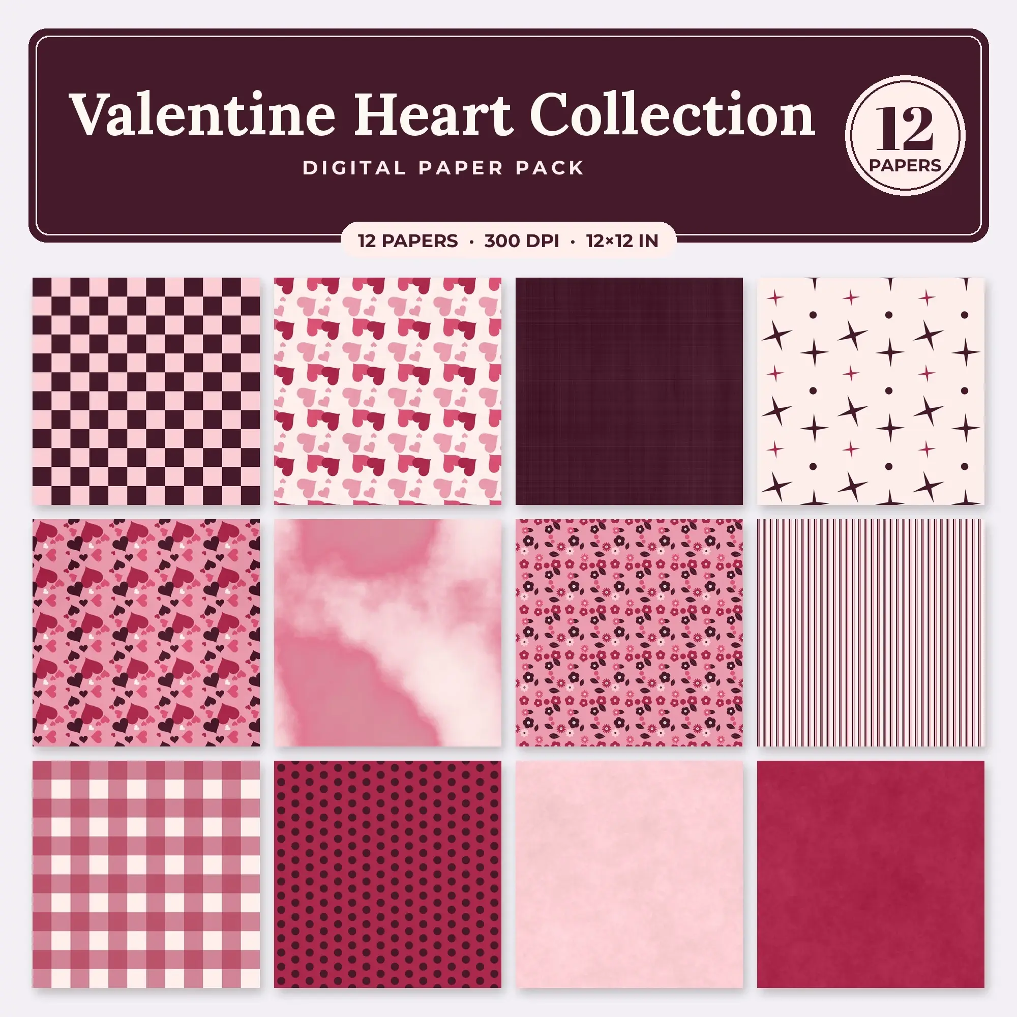 Watermelon & Petal Pink Valentine Heart Collection Seamless Digital Paper – 12 Papers, 12x12 JPG preview