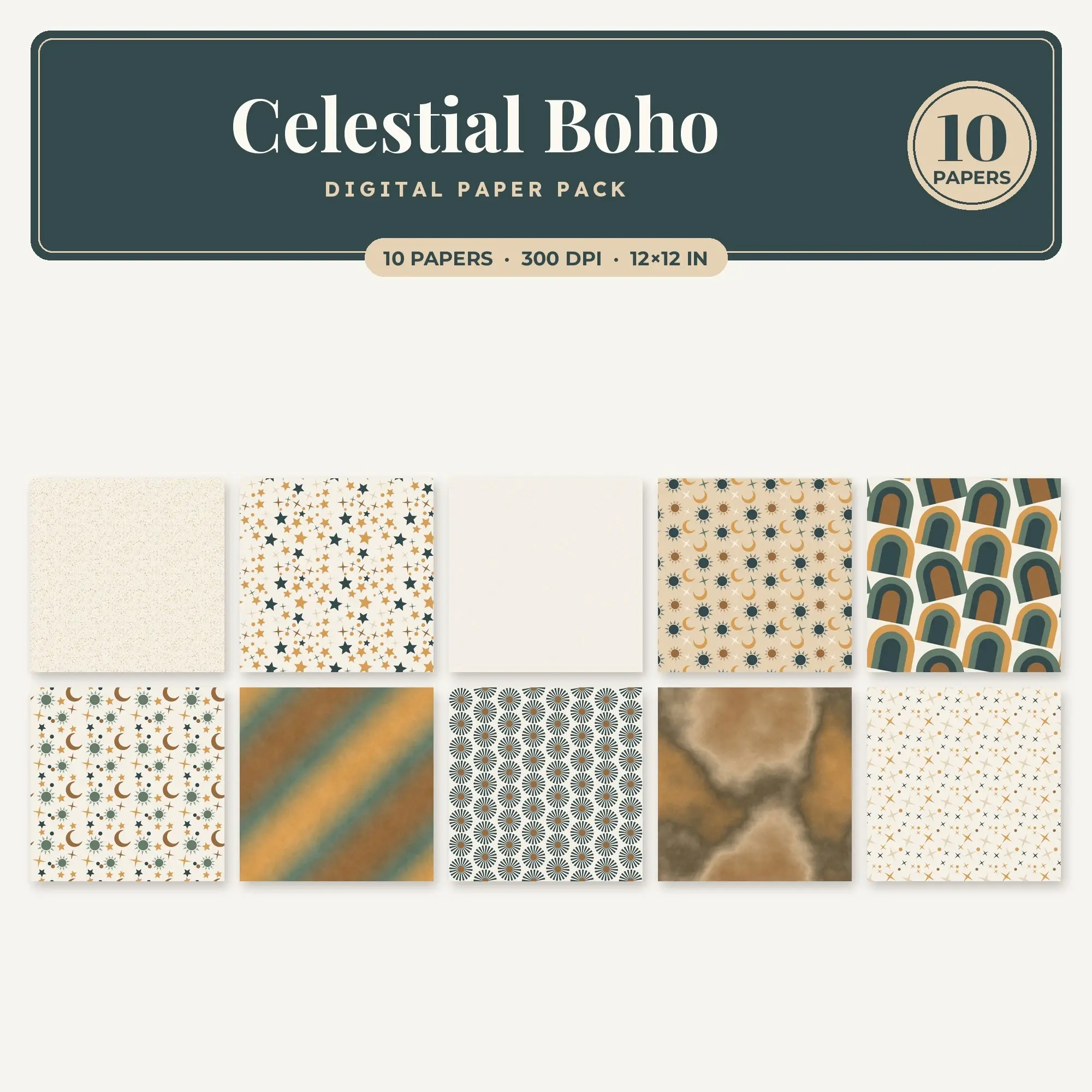 10 Honey Celestial Boho Seamless Patterns – Digital Paper preview