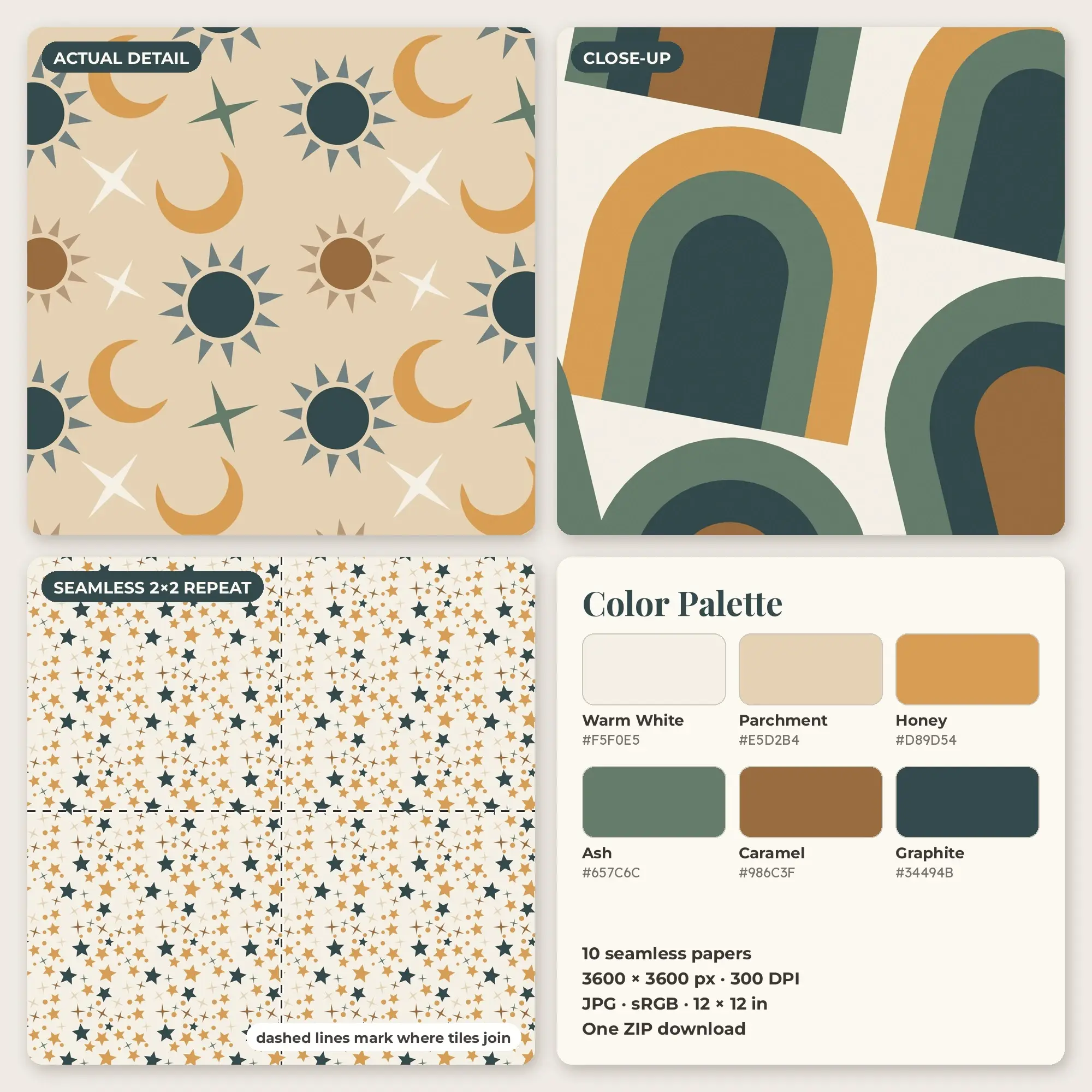 10 Honey Celestial Boho Seamless Patterns – Digital Paper, preview 2 of 2