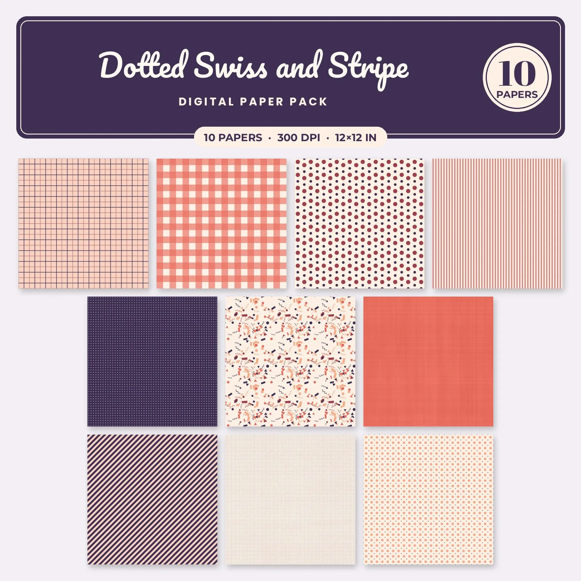 Salmon & Coral Dotted Swiss and Stripe Digital Paper Pack – 10 Seamless Patterns preview