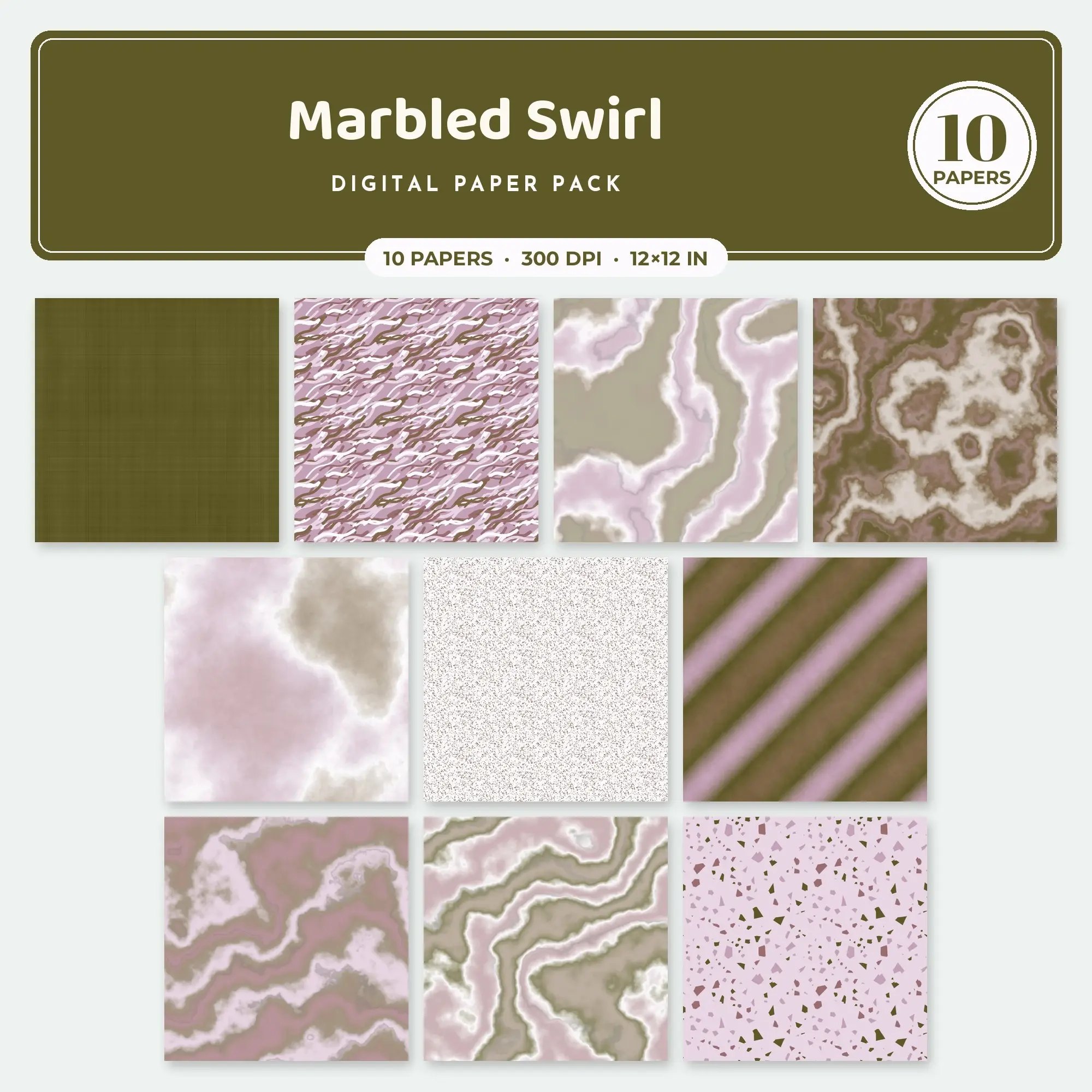 Moss & Mocha Marbled Swirl Seamless Digital Paper – 10 Papers, 12x12 JPG preview