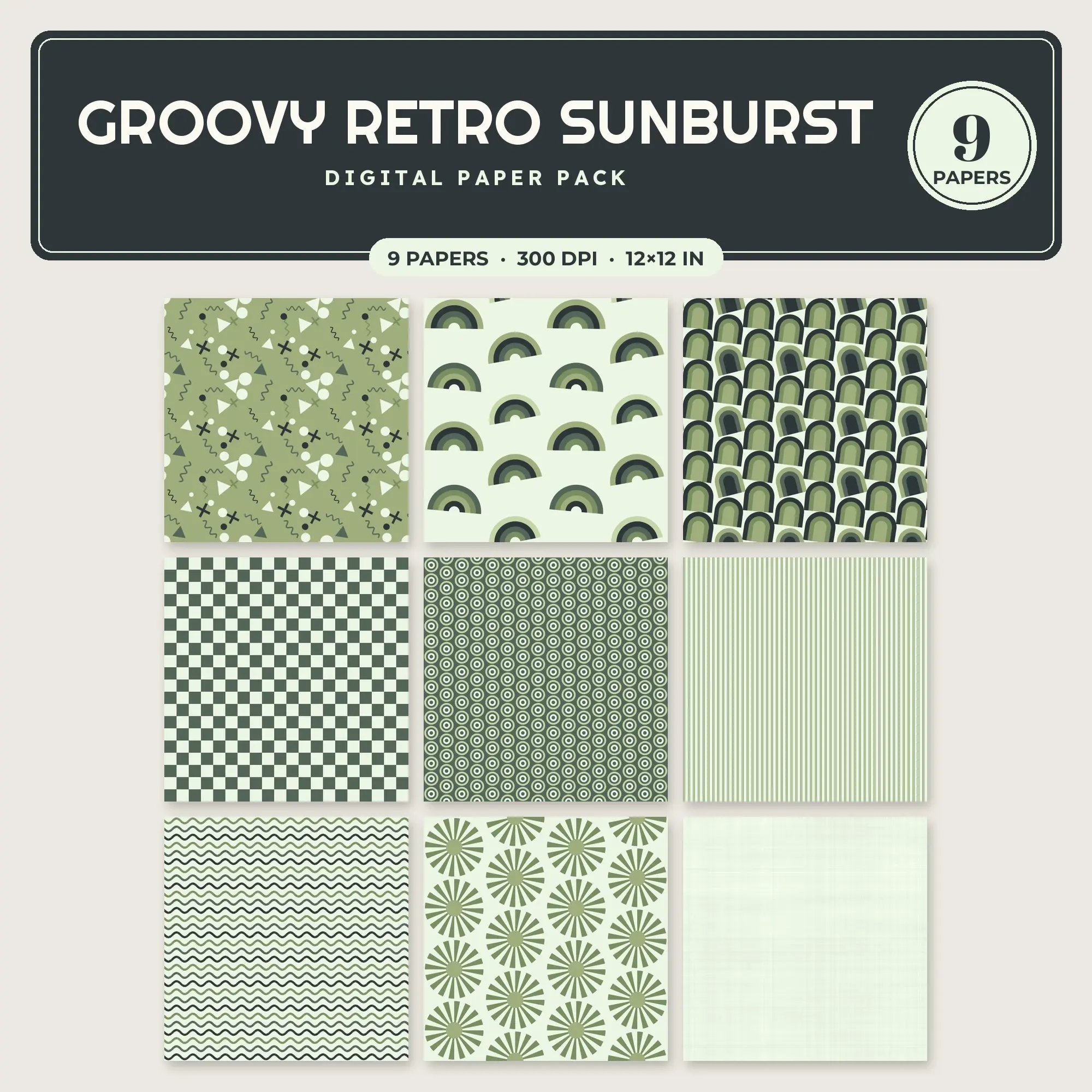 Groovy Retro Sunburst Seamless Pattern Papers in Pistachio and Matcha – 9 Pack preview