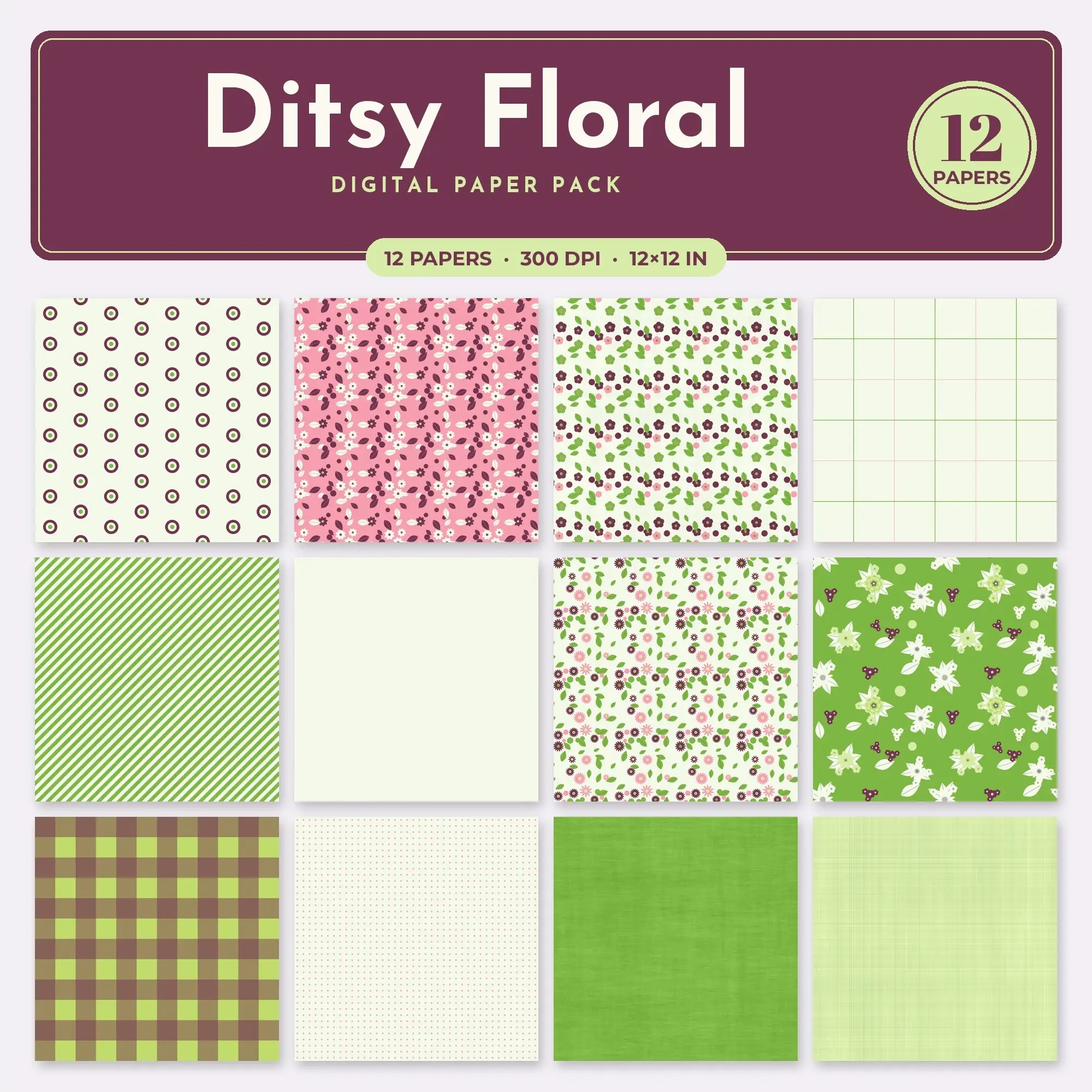 Ditsy Floral Digital Paper – 12 Seamless Bubblegum & Lime Patterns preview