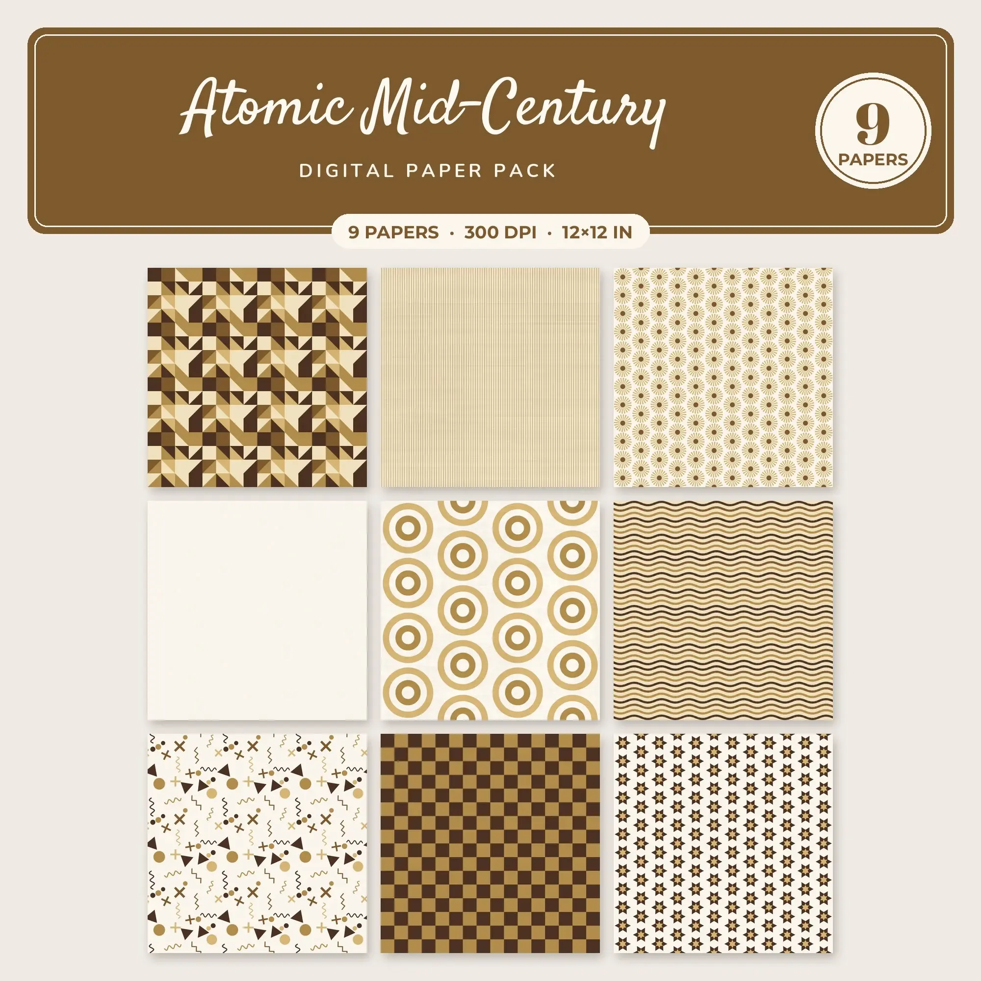 Camel & Mocha Atomic Mid-Century Digital Paper Pack – 9 Seamless Patterns preview