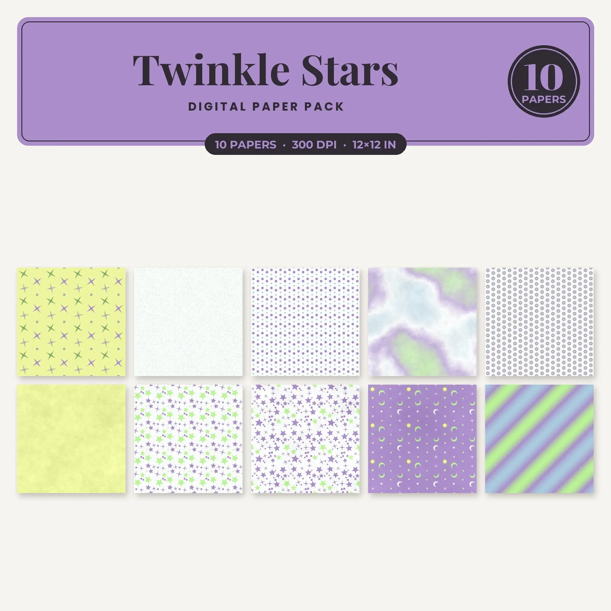 Twinkle Stars Digital Paper – 10 Seamless Spring Green & Butter Yellow Patterns preview