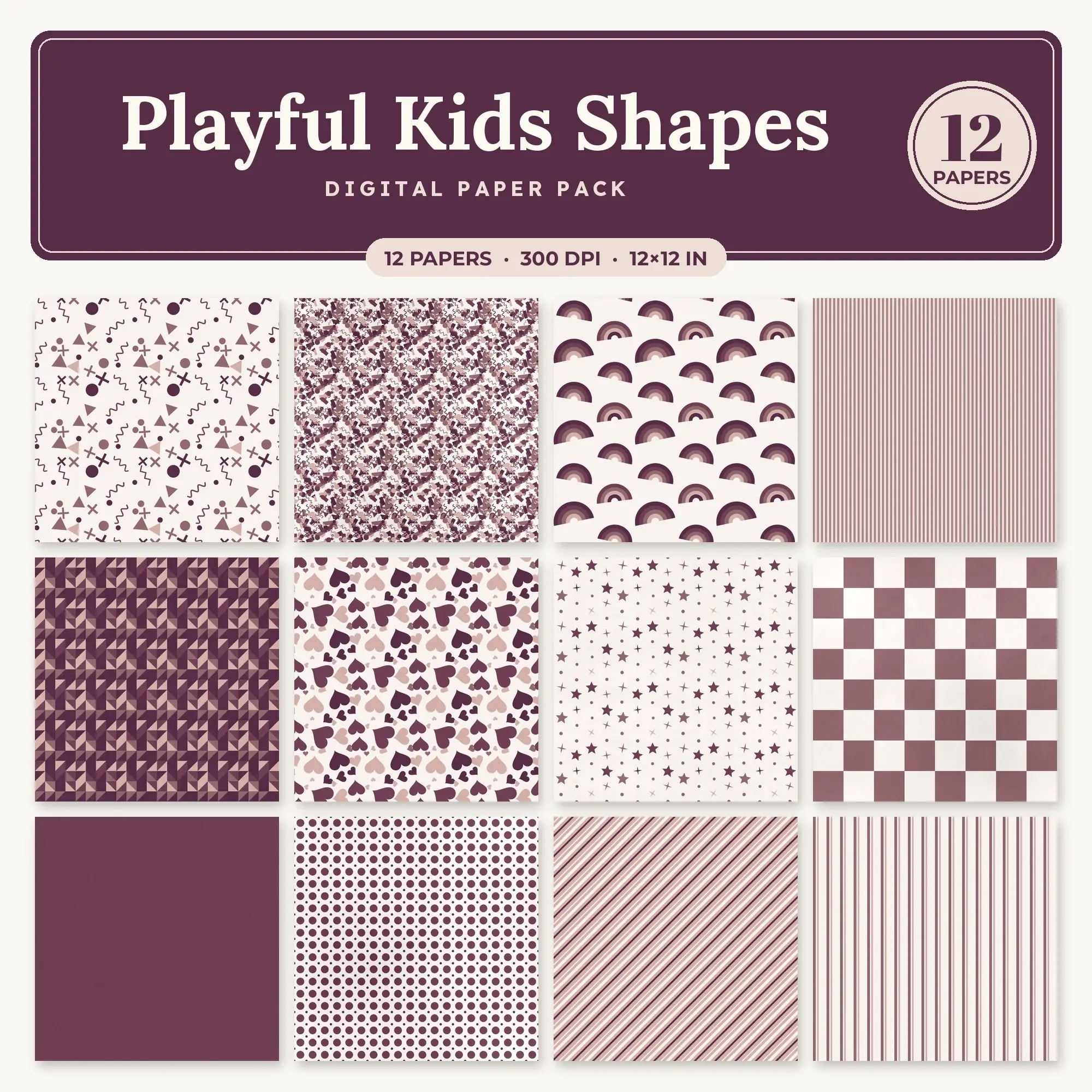 Dusty Rose Playful Kids Shapes Seamless Digital Paper Pack, 12 Papers 12x12 preview
