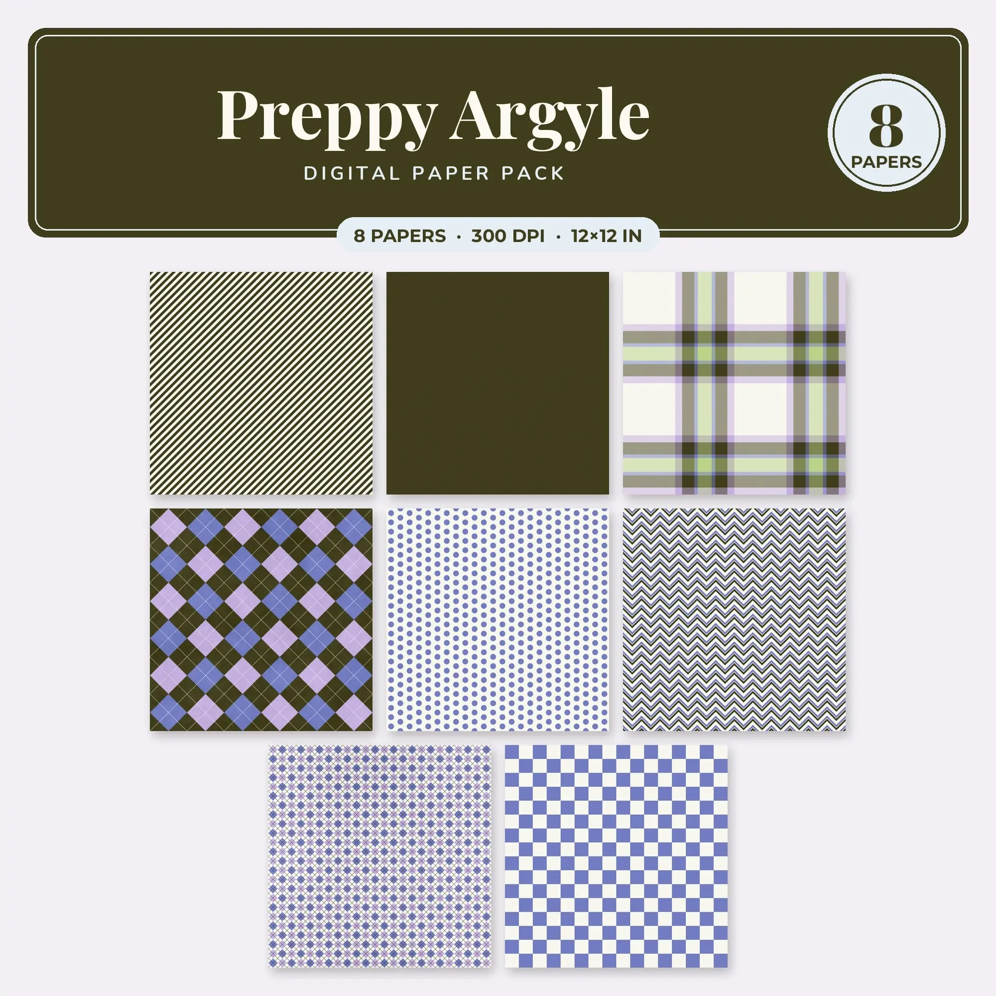 Pistachio & Cornflower Preppy Argyle Seamless Digital Paper – 8 Papers, 12x12 JPG preview