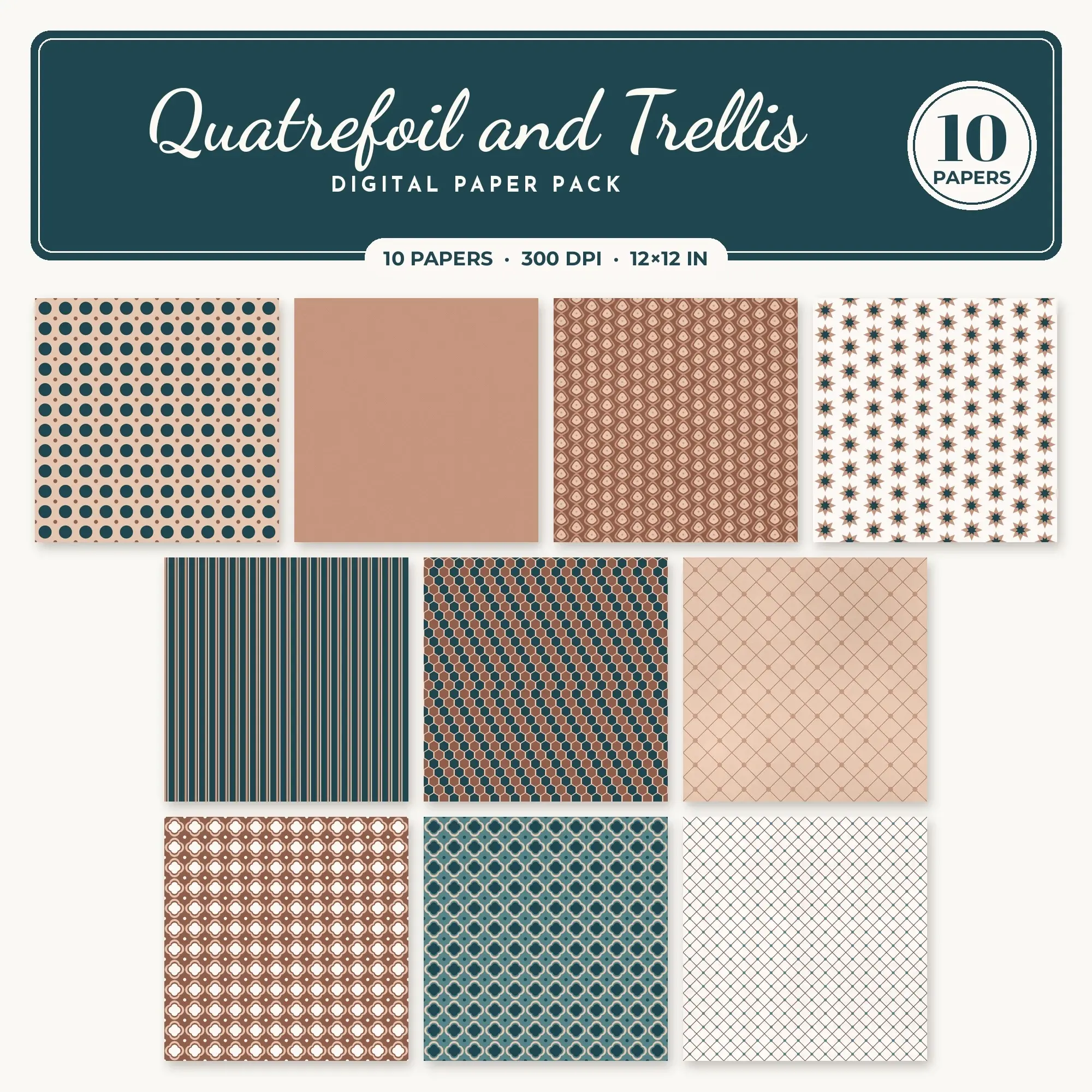 Quatrefoil and Trellis Digital Paper – 10 Seamless Clay Pink & Deep Teal Patterns preview