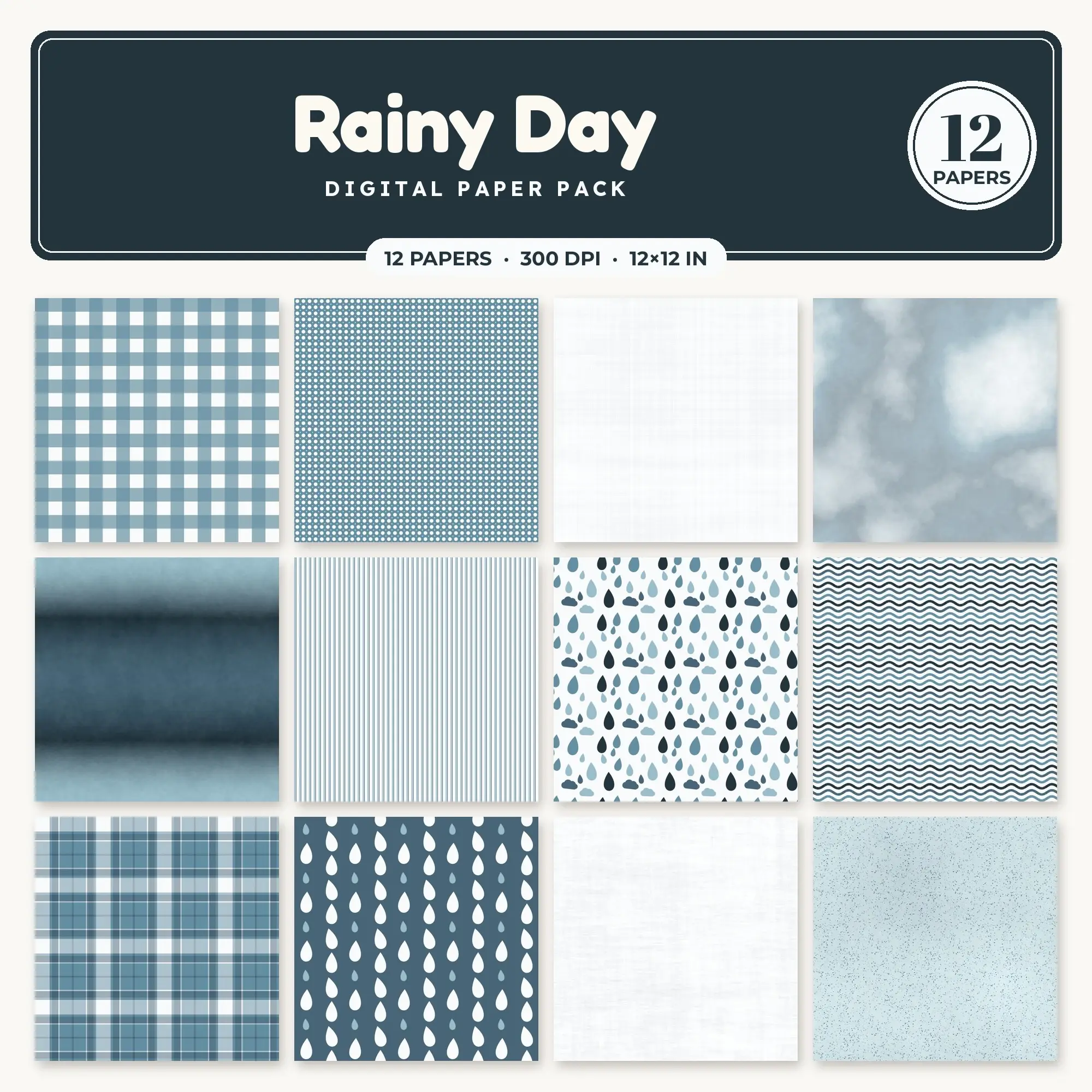 Powder Blue Rainy Day Seamless Digital Paper Pack, 12 Papers 12x12 preview