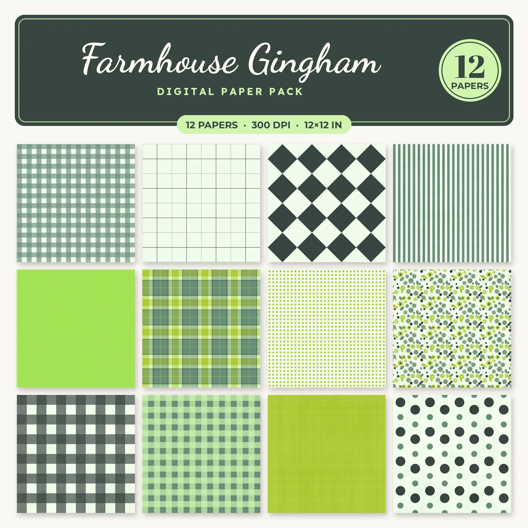 Leaf Green Farmhouse Gingham Seamless Digital Paper Pack, 12 Papers 12x12 preview