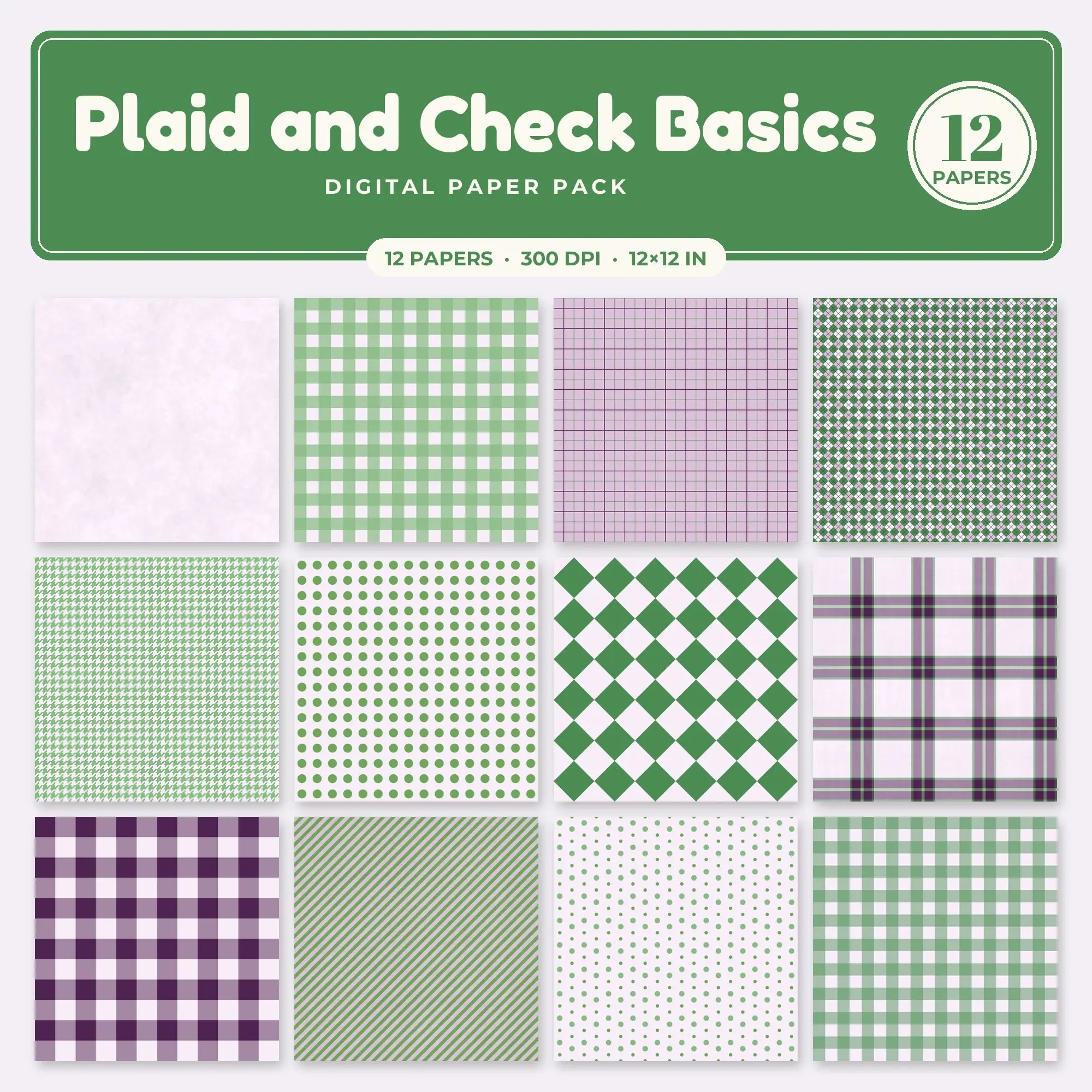 12 Leaf Green Plaid and Check Basics Seamless Patterns – Digital Paper preview