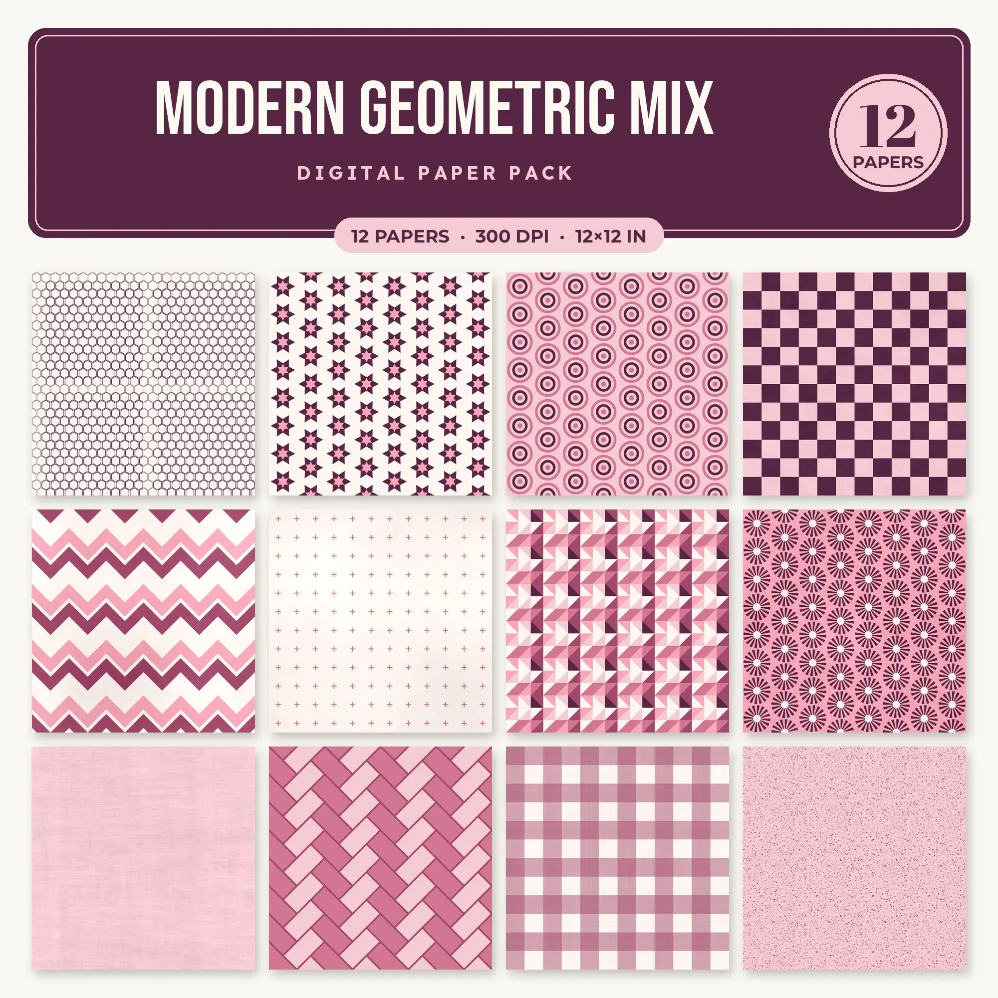 Dusty Rose & Rose Modern Geometric Mix Digital Paper Pack – 12 Seamless Patterns preview