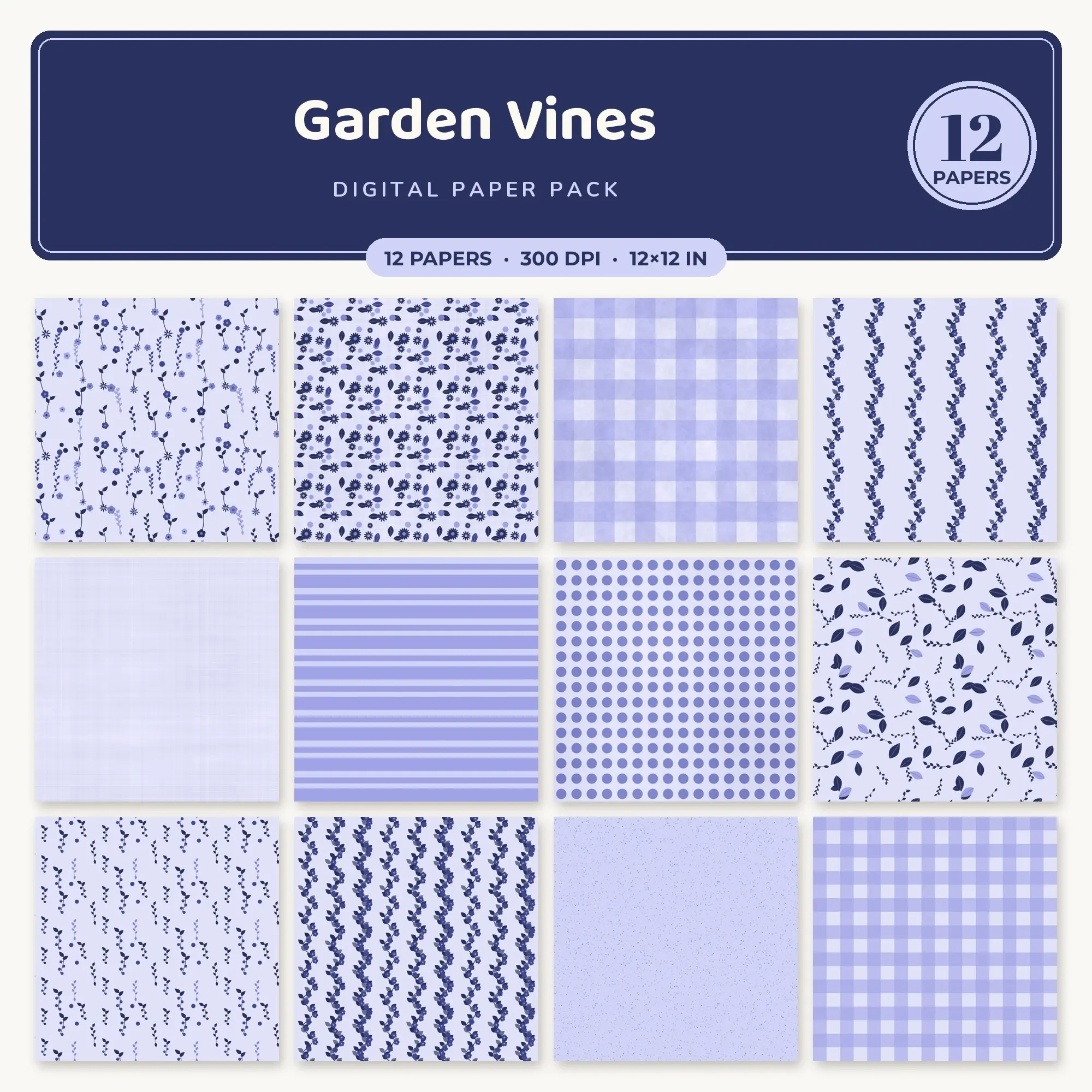 Periwinkle & Lavender Garden Vines Digital Paper Pack – 12 Seamless Patterns preview