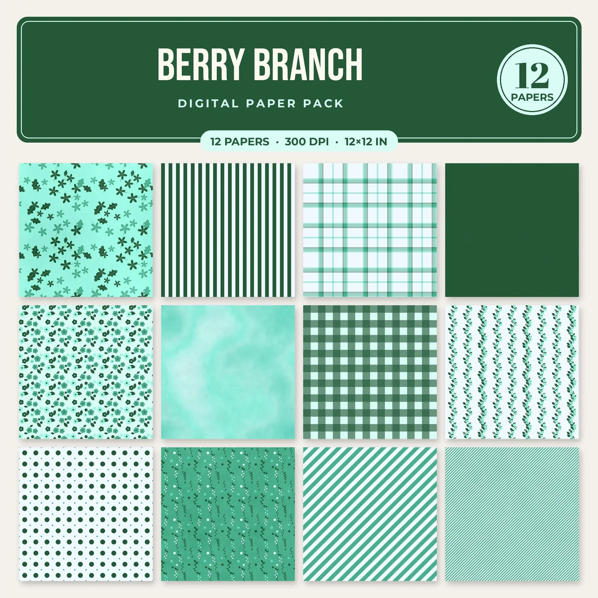 Seafoam & Aqua Berry Branch Seamless Digital Paper – 12 Papers, 12x12 JPG preview