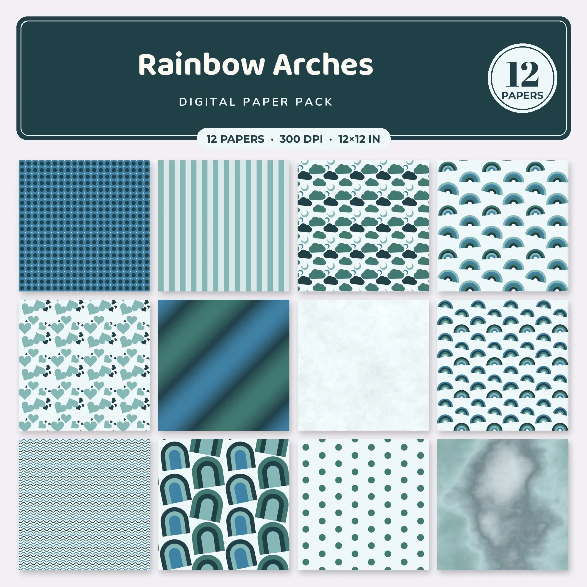 Ocean Blue Rainbow Arches Seamless Digital Paper Pack, 12 Papers 12x12 preview