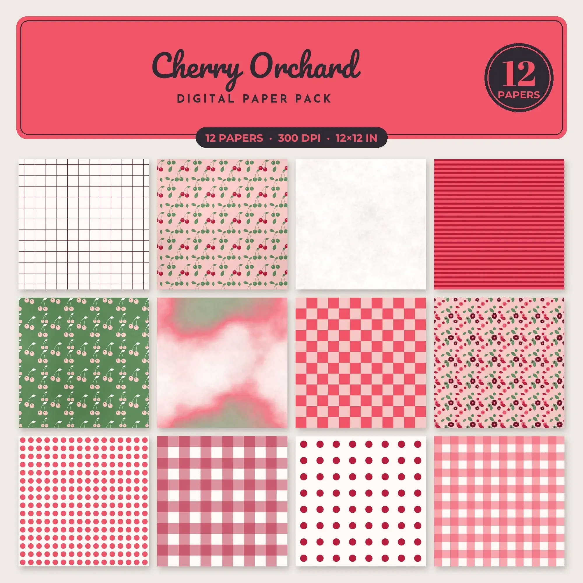 Watermelon & Cherry Red Cherry Orchard Seamless Digital Paper – 12 Papers, 12x12 JPG preview