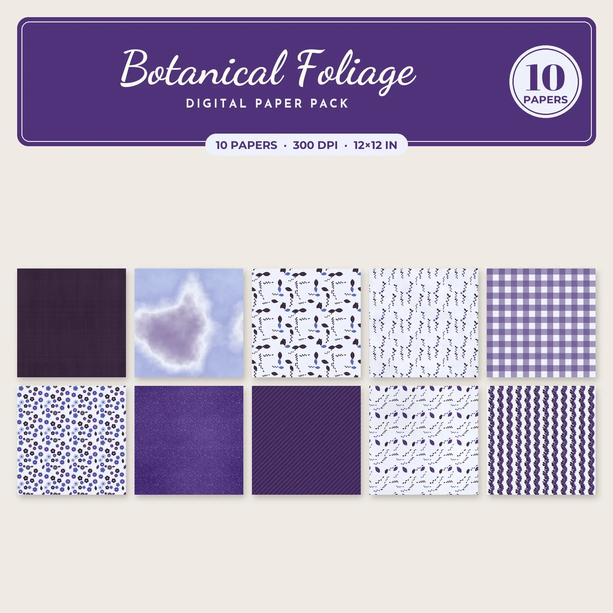 Lavender Botanical Foliage Seamless Digital Paper Pack, 10 Papers 12x12 preview