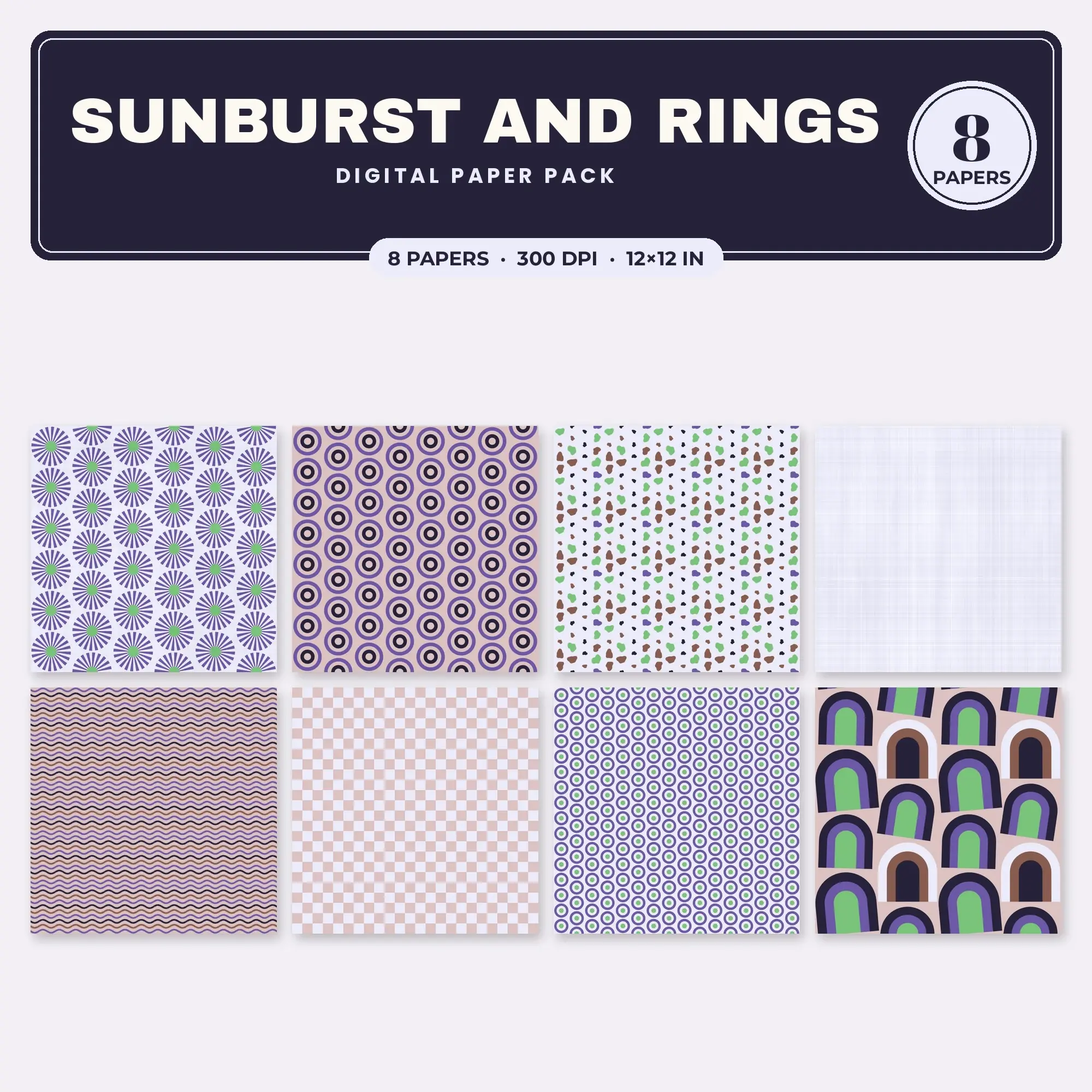 Sunburst and Rings Seamless Pattern Papers in Spring Green and Amethyst – 8 Pack preview