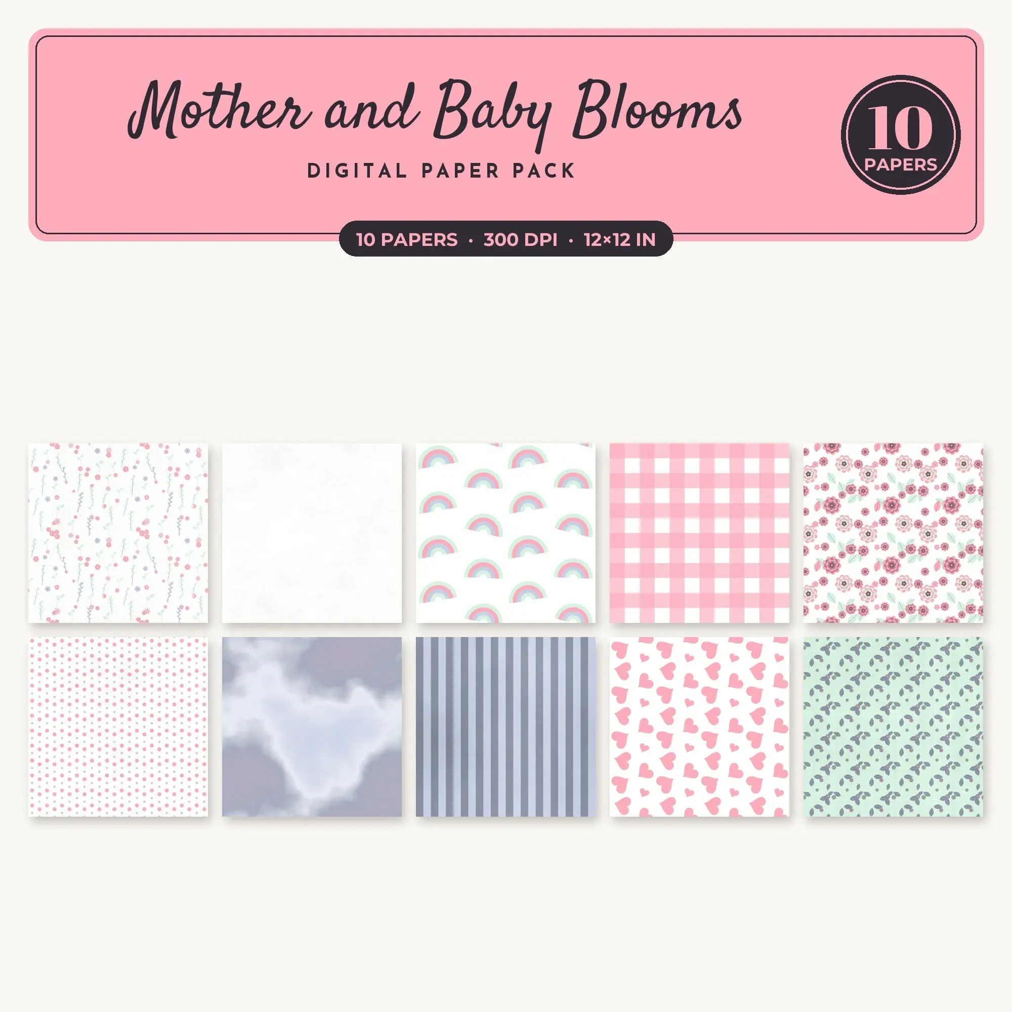Dusty Rose Mother and Baby Blooms Seamless Digital Paper Pack, 10 Papers 12x12 preview