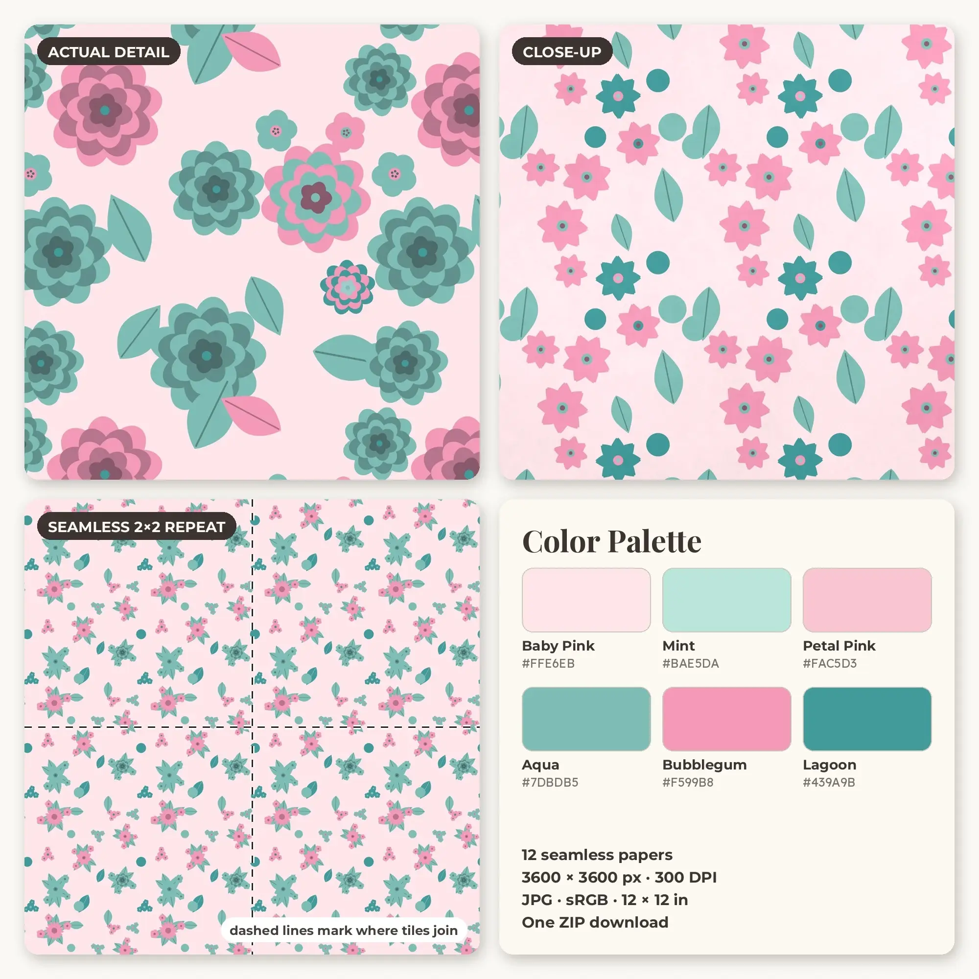 Peony Garden Digital Paper – 12 Seamless Bubblegum & Baby Pink Patterns, preview 2 of 2