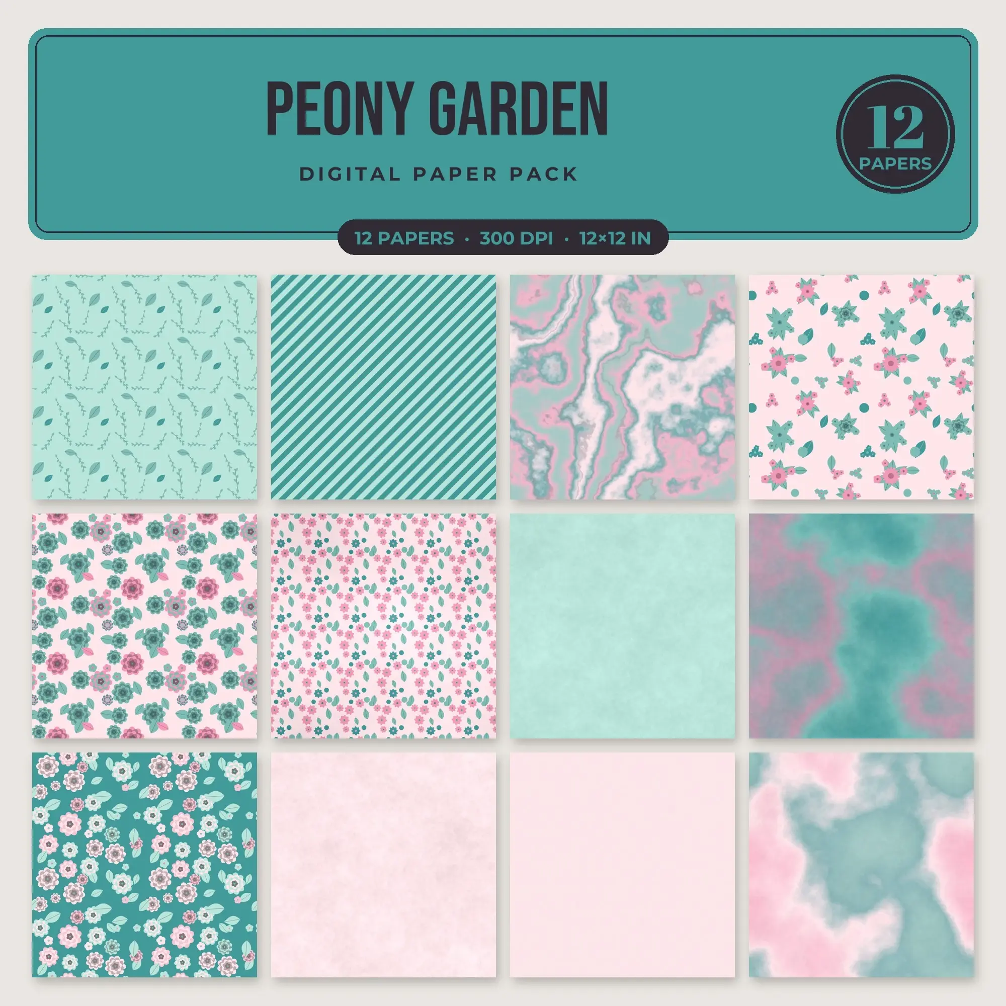 Peony Garden Digital Paper – 12 Seamless Bubblegum & Baby Pink Patterns preview