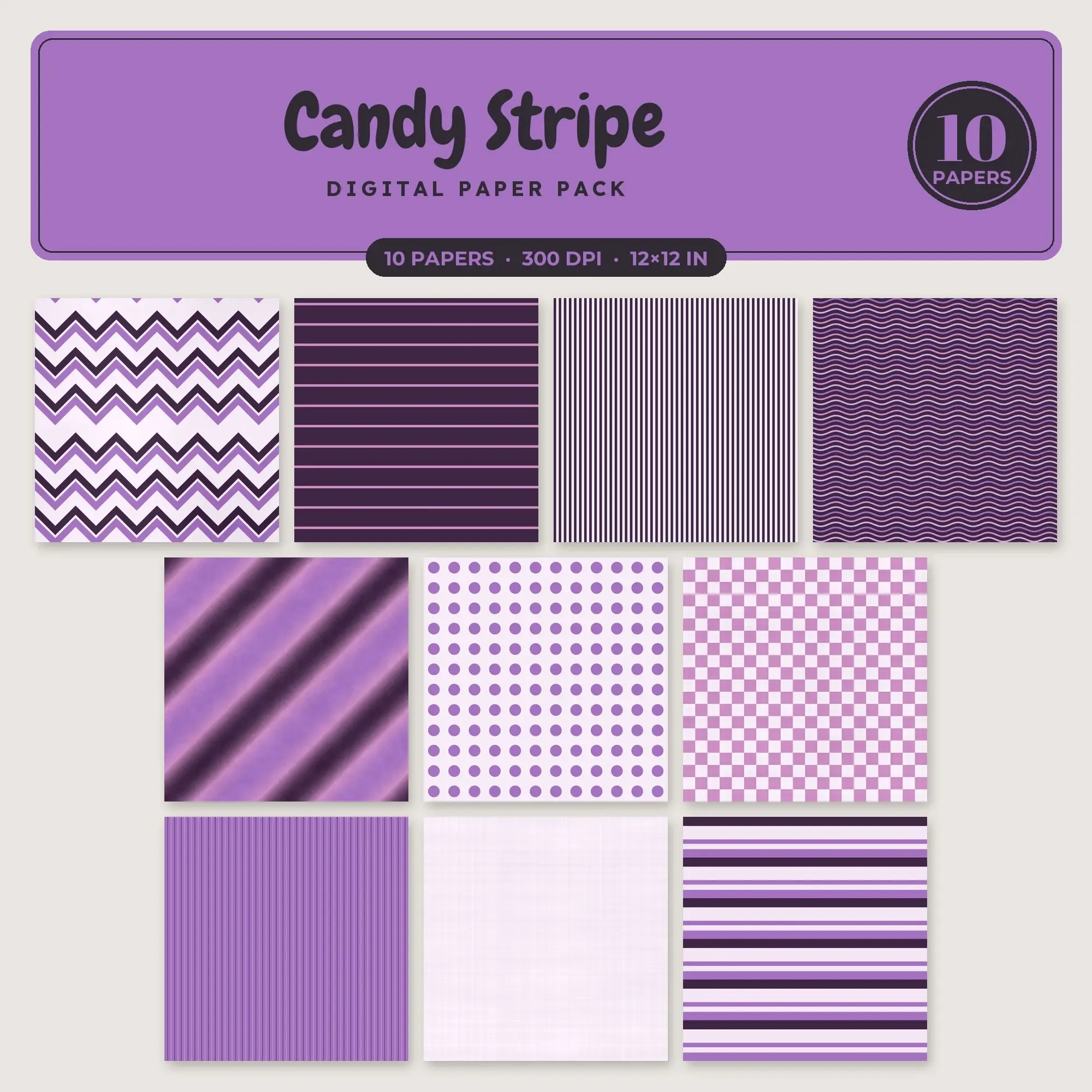 Orchid & Lilac Candy Stripe Seamless Digital Paper – 10 Papers, 12x12 JPG preview