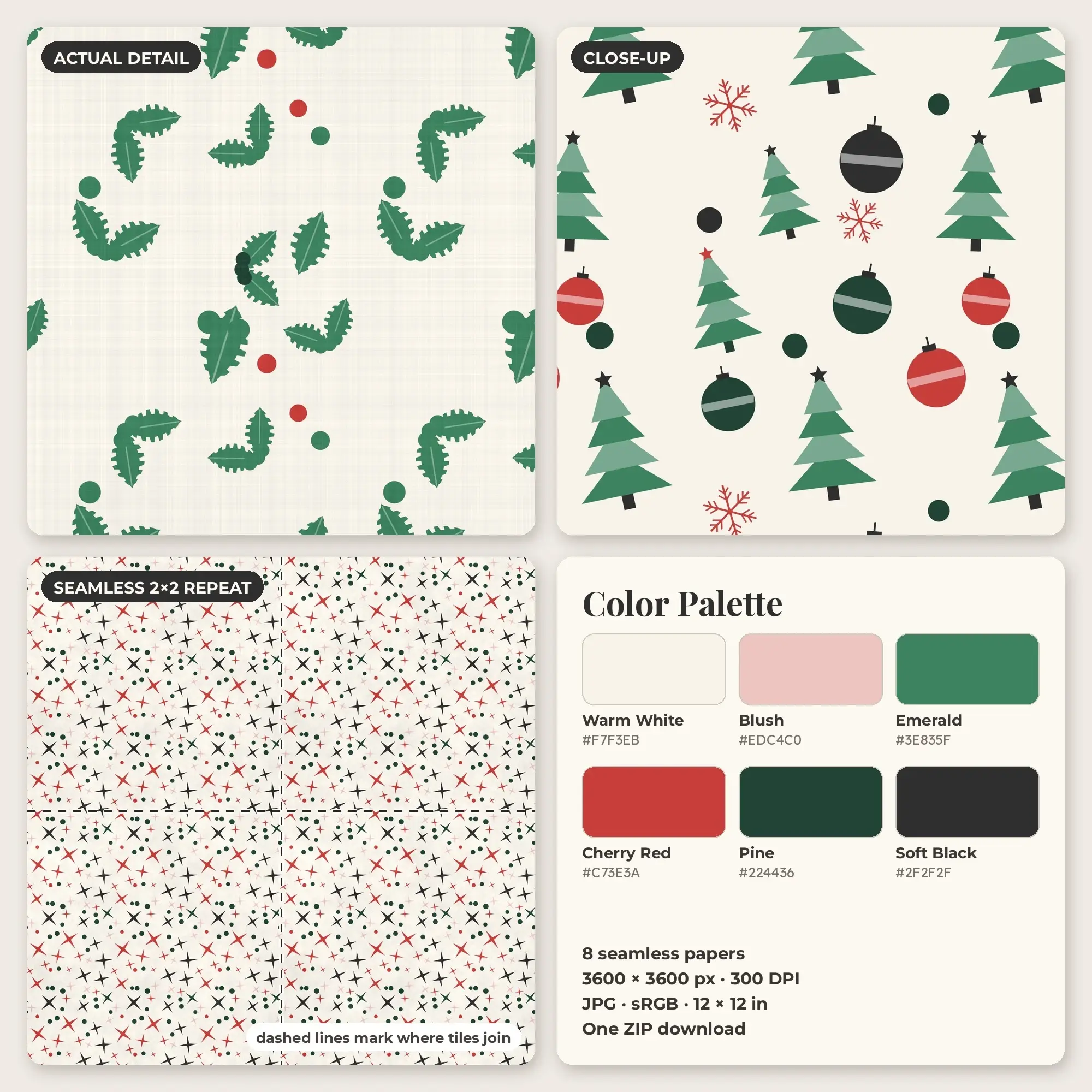 Holiday Trees and Ornaments Digital Paper – 8 Seamless Cherry Red & Blush Patterns, preview 2 of 2