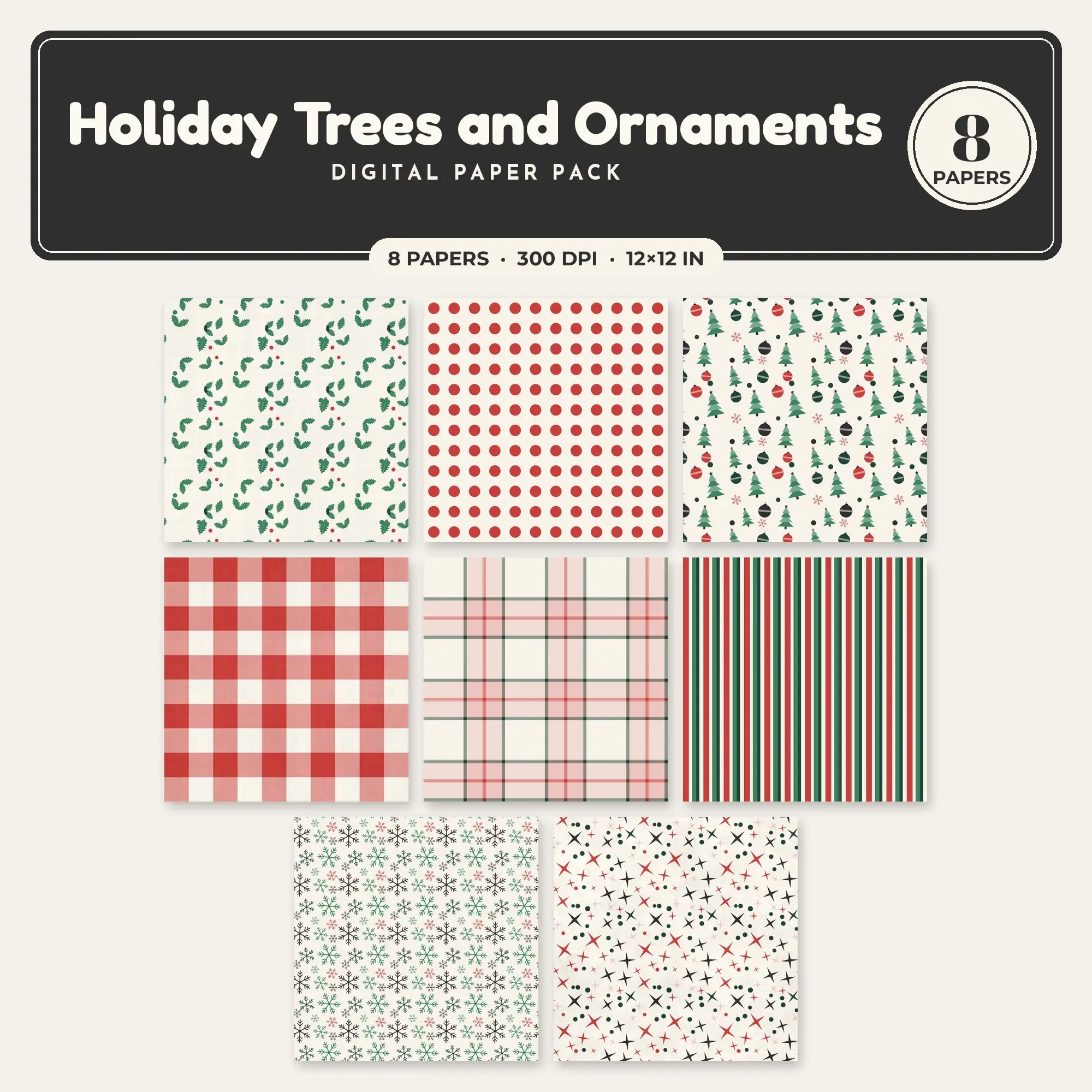 Holiday Trees and Ornaments Digital Paper – 8 Seamless Cherry Red & Blush Patterns preview
