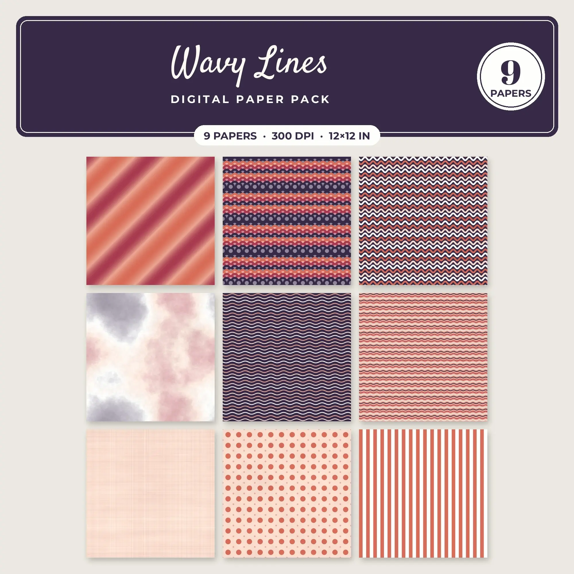 9 Coral Wavy Lines Seamless Patterns – Digital Paper preview