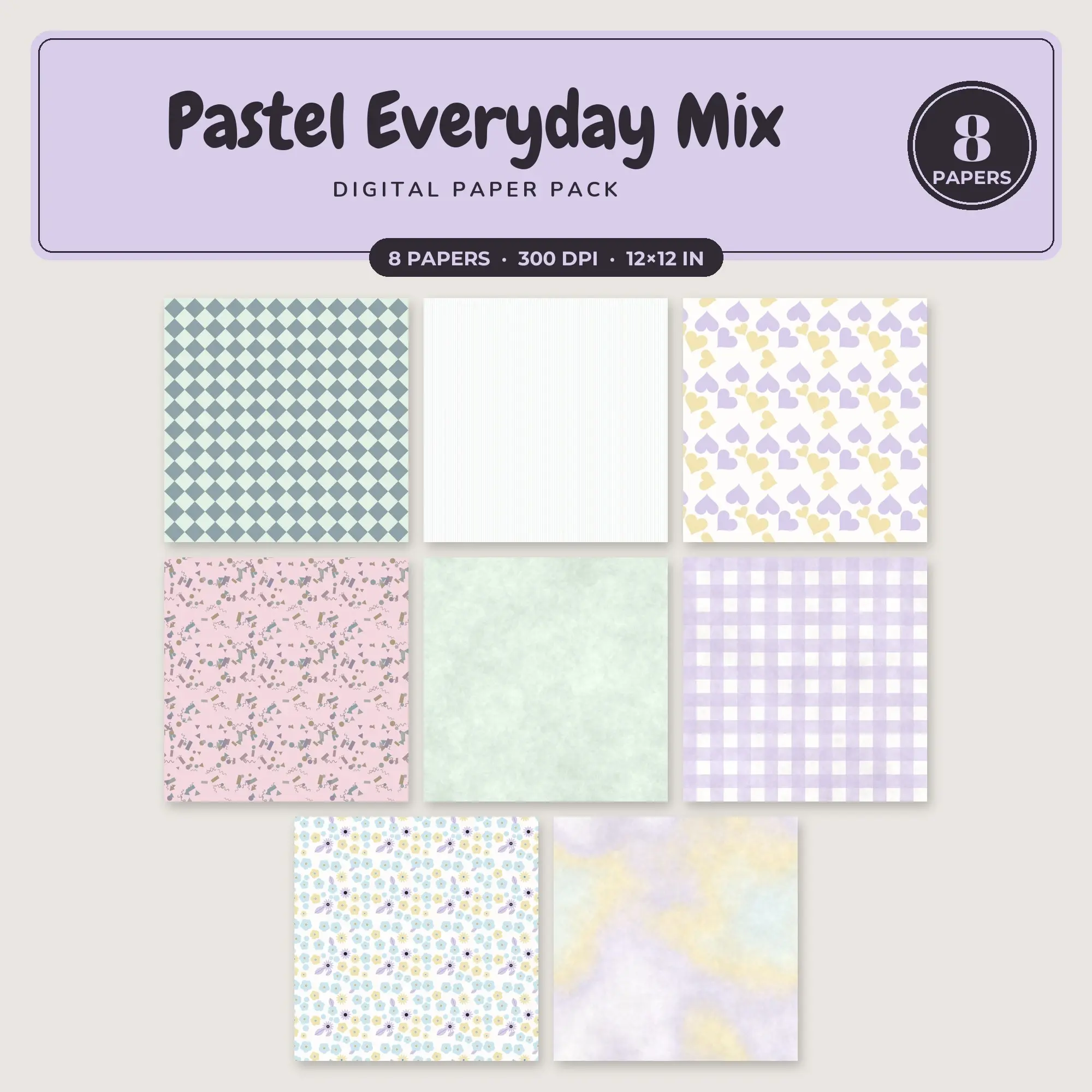 Pastel Everyday Mix Seamless Pattern Papers in Baby Pink and Lavender – 8 Pack preview