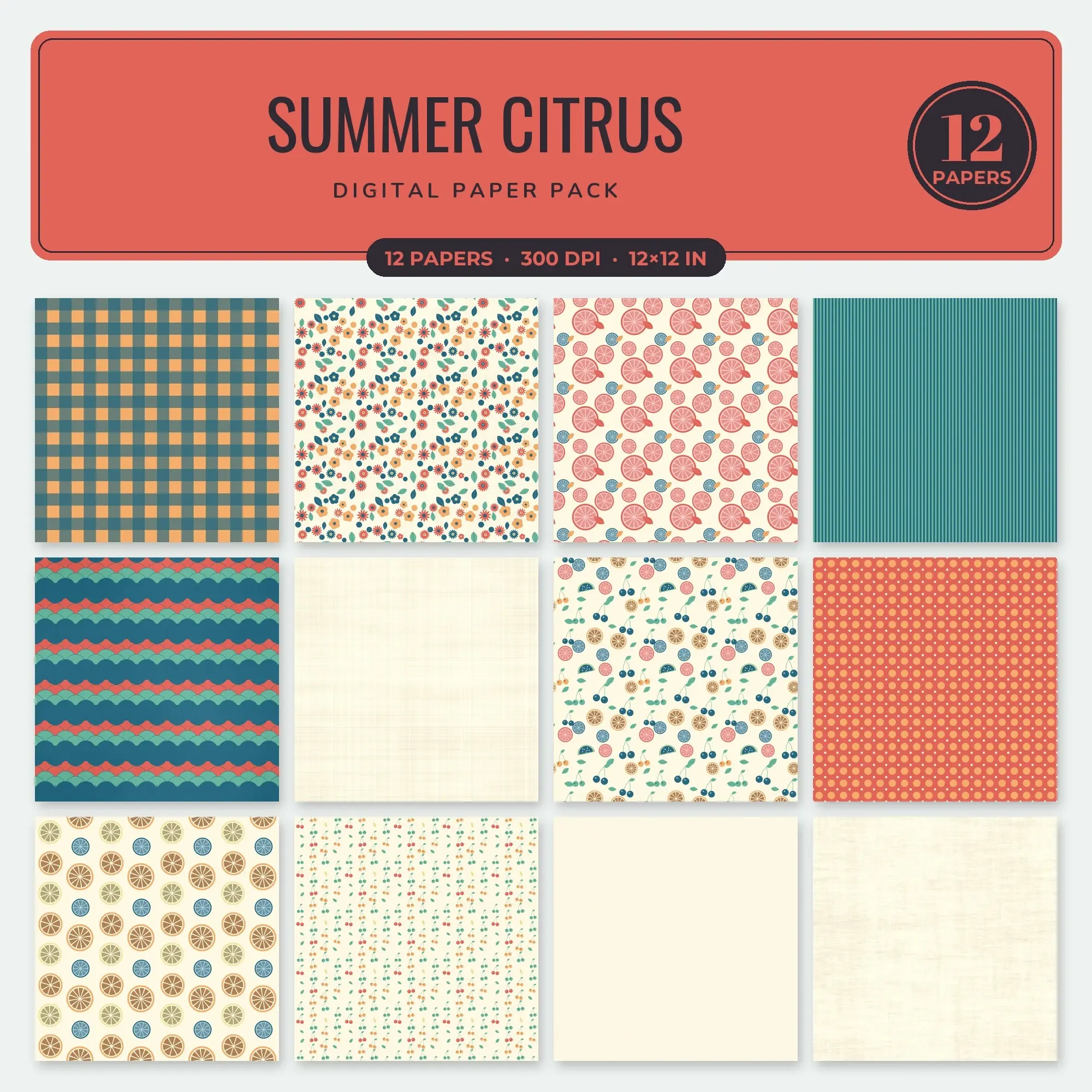 Summer Citrus Seamless Pattern Papers in Apricot and Coral – 12 Pack preview