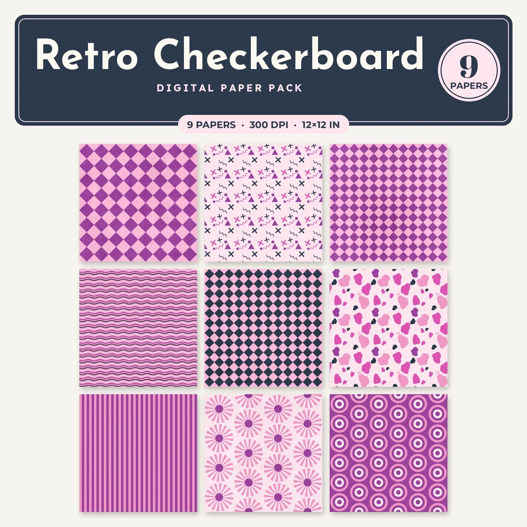 Fuchsia Retro Checkerboard Seamless Digital Paper Pack, 9 Papers 12x12 preview