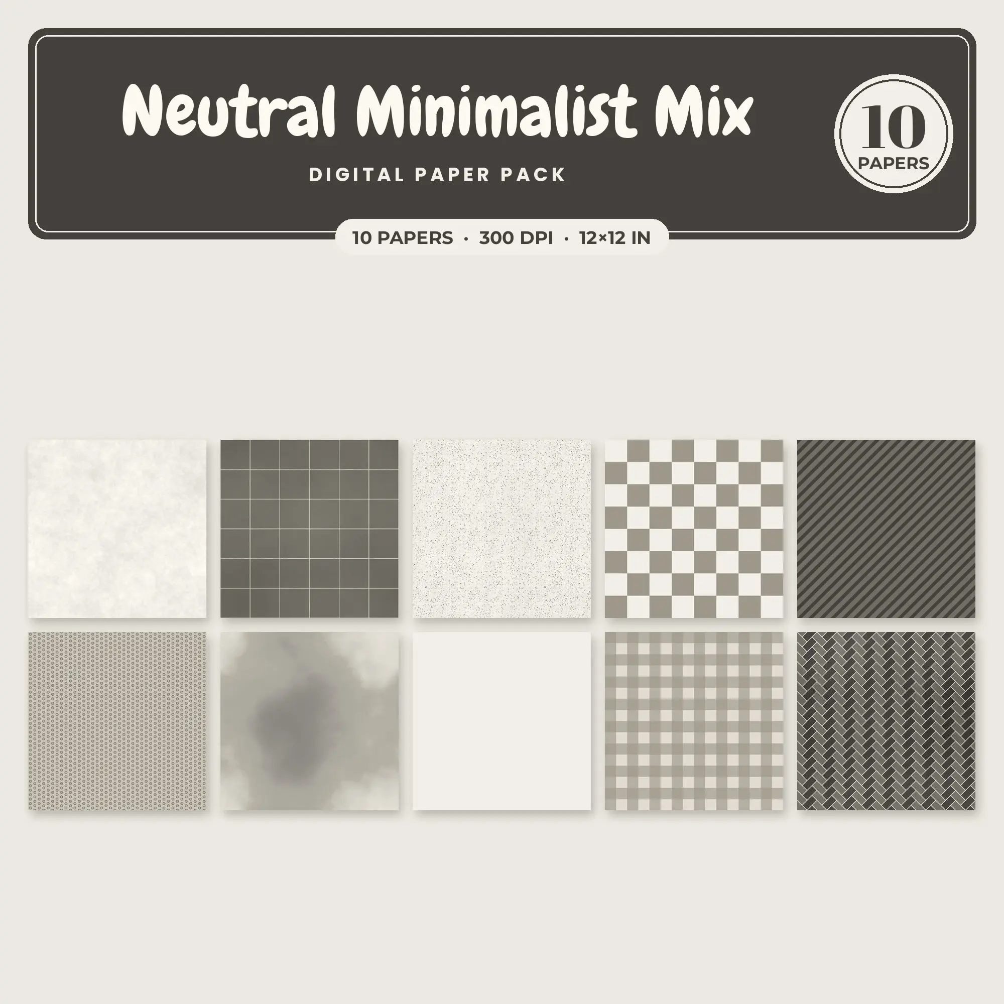 Warm White & Dove Grey Neutral Minimalist Mix Digital Paper Pack – 10 Seamless Patterns preview