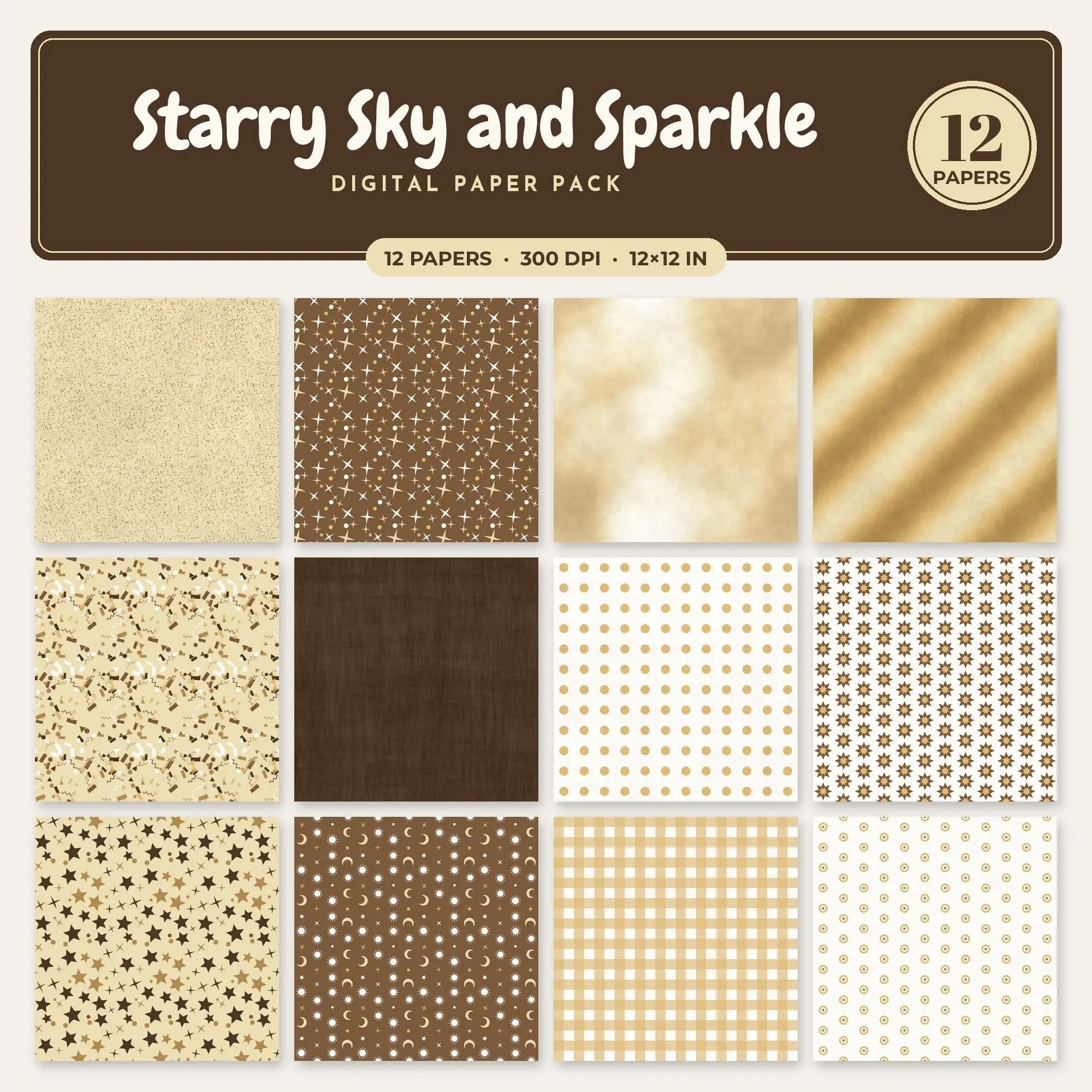 Starry Sky and Sparkle Digital Paper – 12 Seamless Camel & Mocha Patterns preview