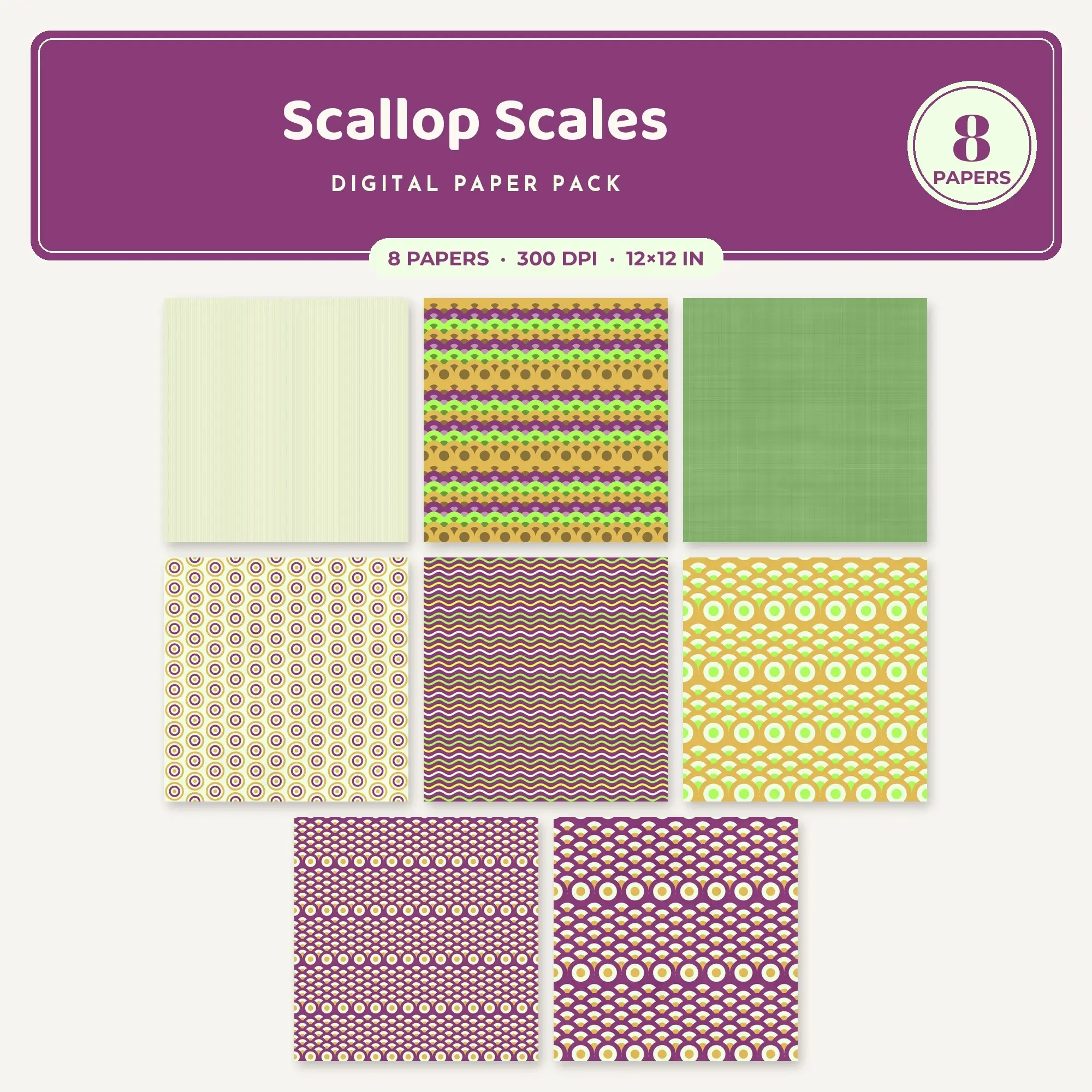 Lemon & Lime Scallop Scales Digital Paper Pack – 8 Seamless Patterns preview