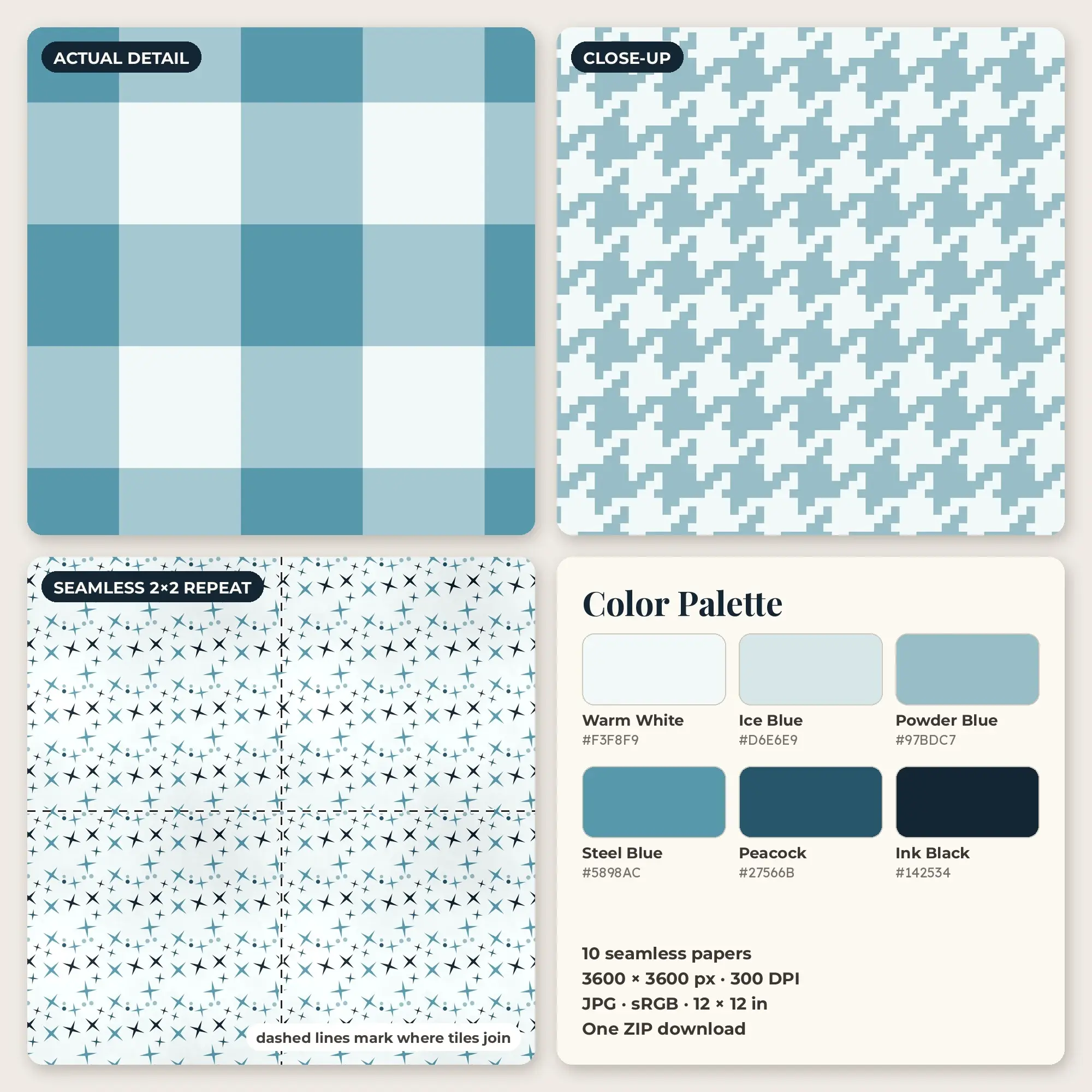 Peacock Frosty Winter Plaid Seamless Digital Paper Pack, 10 Papers 12x12, preview 2 of 2